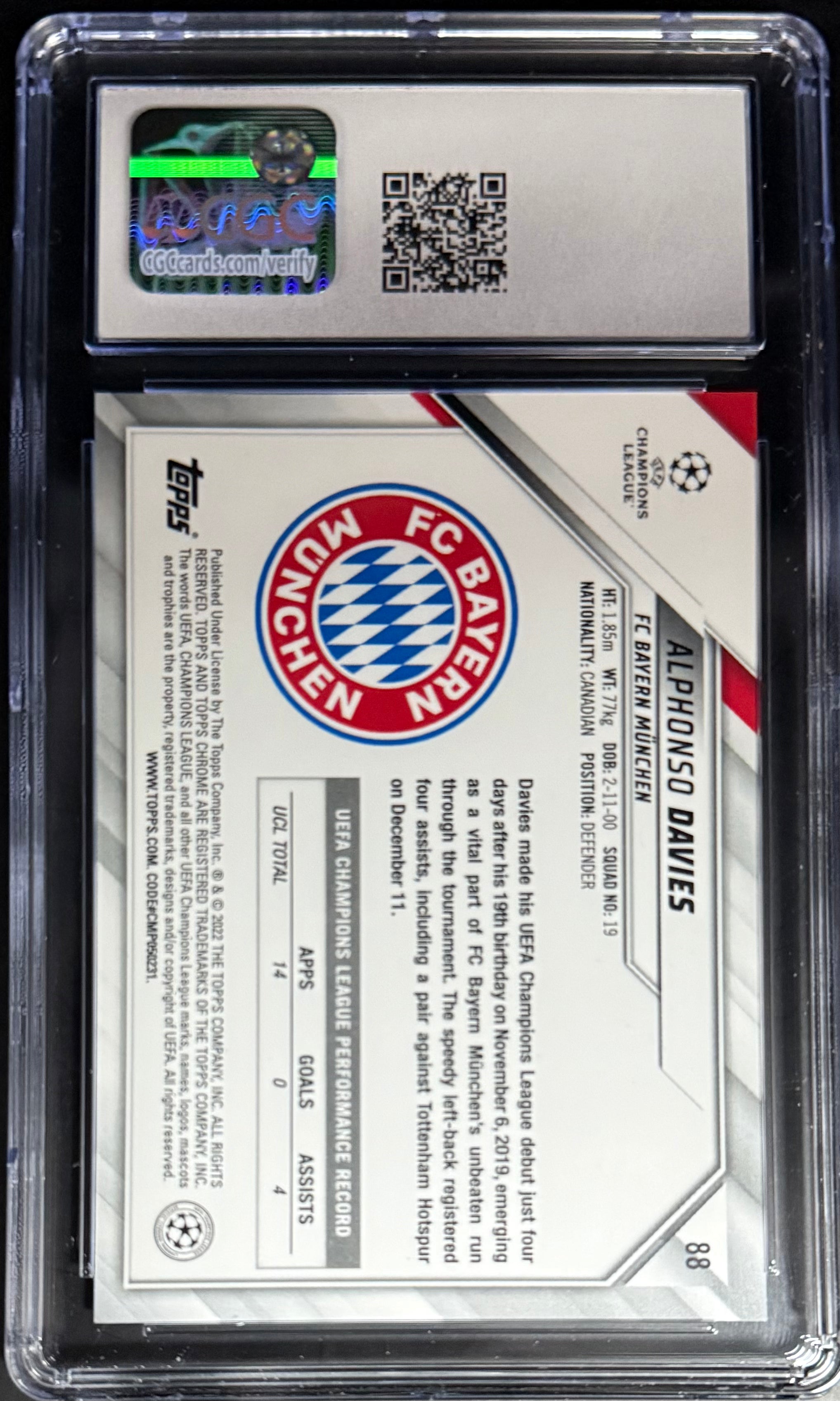 Topps Alphonso Davies Base Card Chrome UEFA Champions League 2021-22 #88 CGC 10 Gem Mint - Soccer Trading Card for Collectors & Fans, Perfect for Display & Investment