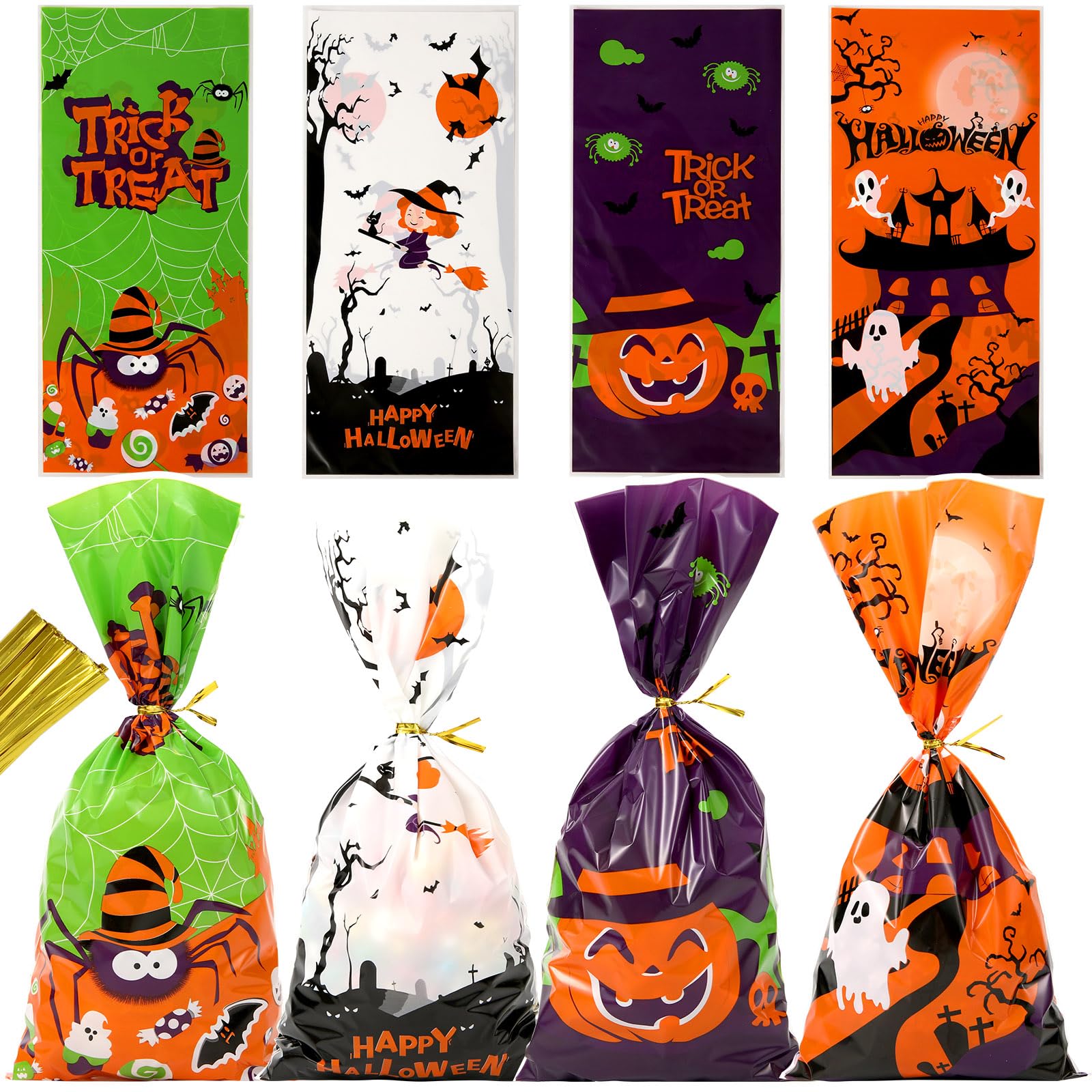 Halloween Cellophane Treat Bags 50 Pack - Cute Trick or Treat Candy Bags with Twist Ties for Halloween Party Favors, Goodie Bags & Gift Bags (Style 01) - Perfect for Trick-or-Treating, Classroom Treats & Halloween Party Favors