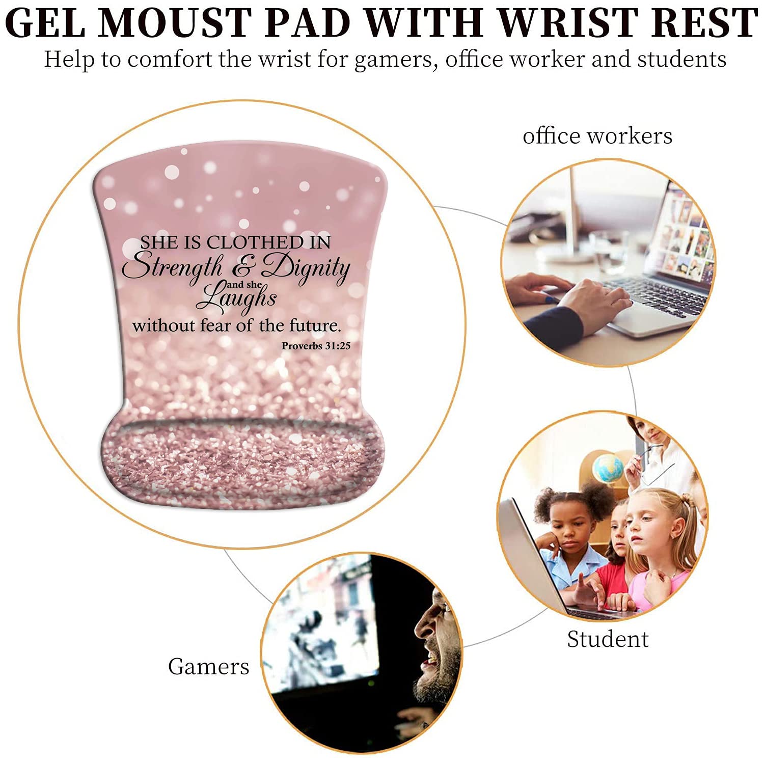 Ergonomic Mouse Pad with Wrist Support & Keyboard Wrist Rest Set - Pink Glitter Bible Verse Design (Proverbs 31:25) for Laptop, Mac, Gaming & Office Use - Durable Comfort for Pain Relief & Includes Bonus Coaster - Perfect for Long Work Hours, Typing & Computer Sessions