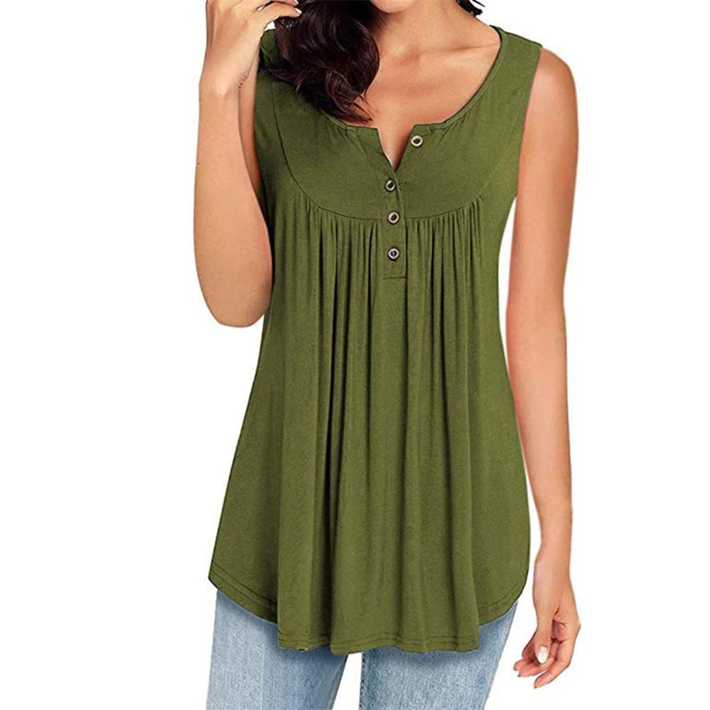 BAPYZ Women's Casual Solid Color Button Pleated Loose Sleeveless Tank Top - Green Size L | Summer T-Shirt Vest for Outdoor Activities, Beach Wear & Daily Fashion