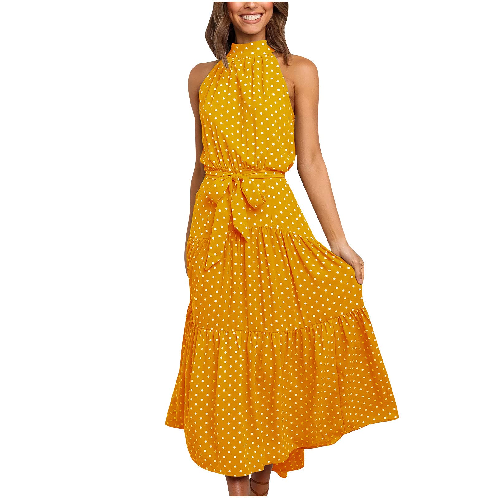 USCallm Women's Halter Neck Boho Polka Dot Long Maxi Dress - Floral Print Sleeveless Casual Ruffle Dress with Belt | Perfect for Beach Vacations, Summer Parties & Boho Fashion
