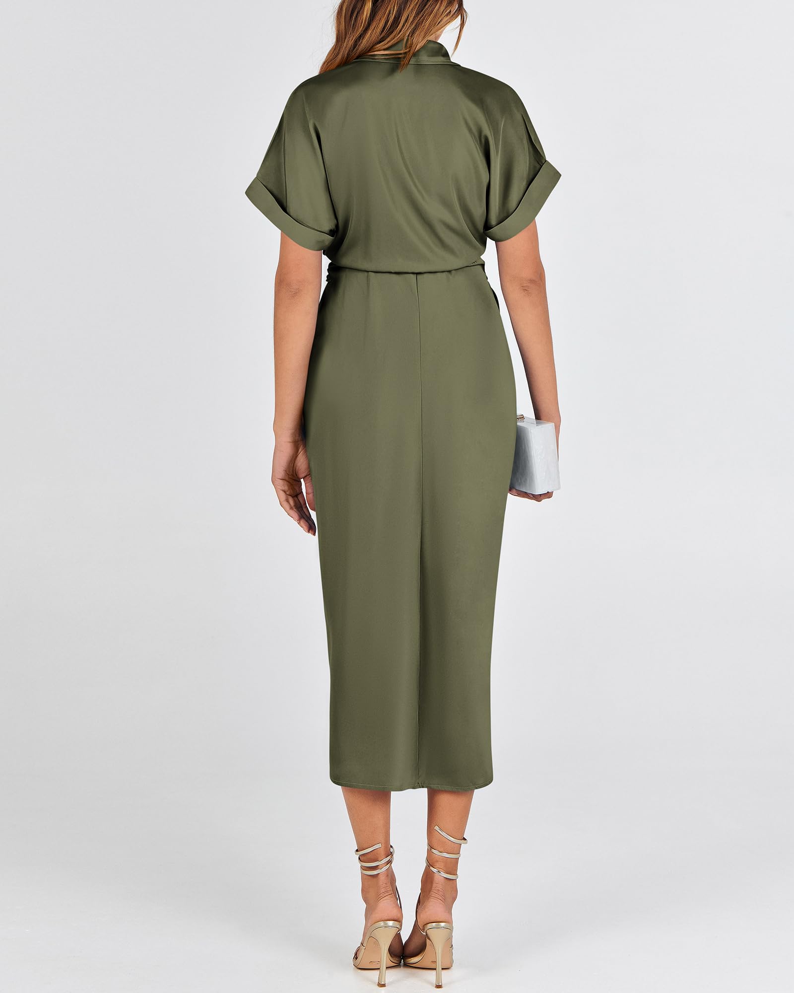BTFBM Women's 2025 Elegant Ruched Button Down Shirt Dress - Short Sleeve Lapel V-Neck Satin Maxi Dress for Spring Summer | Perfect for Parties, Weddings & Special Occasions