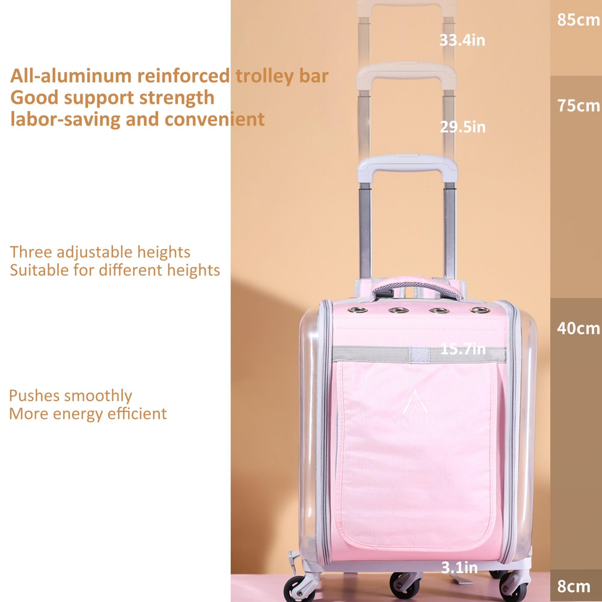 Portable Pet Carrier Trolley Bag - Durable Wheeled Cat & Dog Travel Duffel Backpack with Silent Wheels, Adjustable Handle (Pink/Gray) - Perfect for Air Travel, Vet Visits & Outdoor Adventures