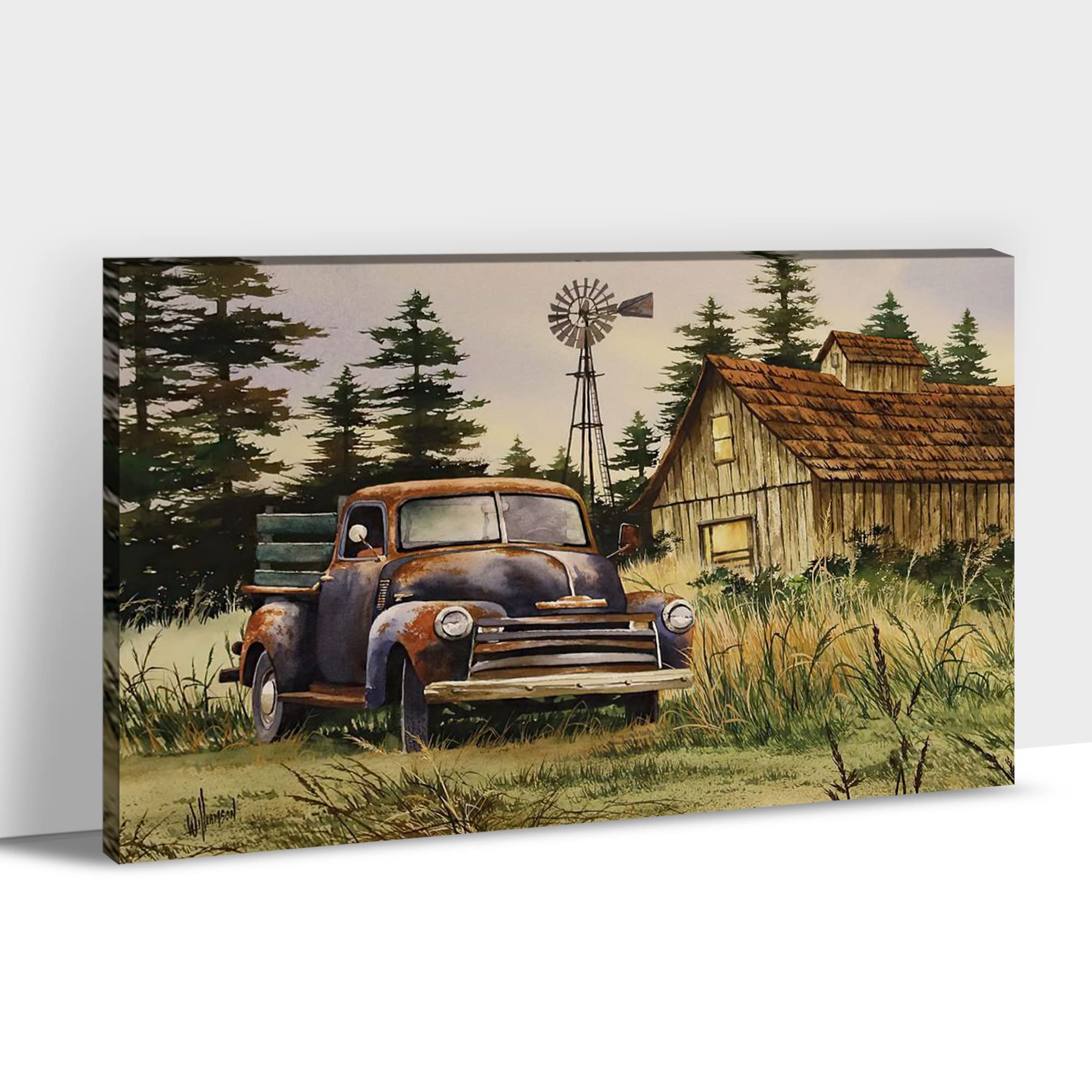 Farmhouse Wall Decor Art - Rustic Barn Windmill Canvas Print, Vintage Country Room Decor, Old Barn & Truck Pictures for Living Room & Kitchen - 32x48 Inches - Perfect for Farmhouse, Rustic, or Country Style Home Decor