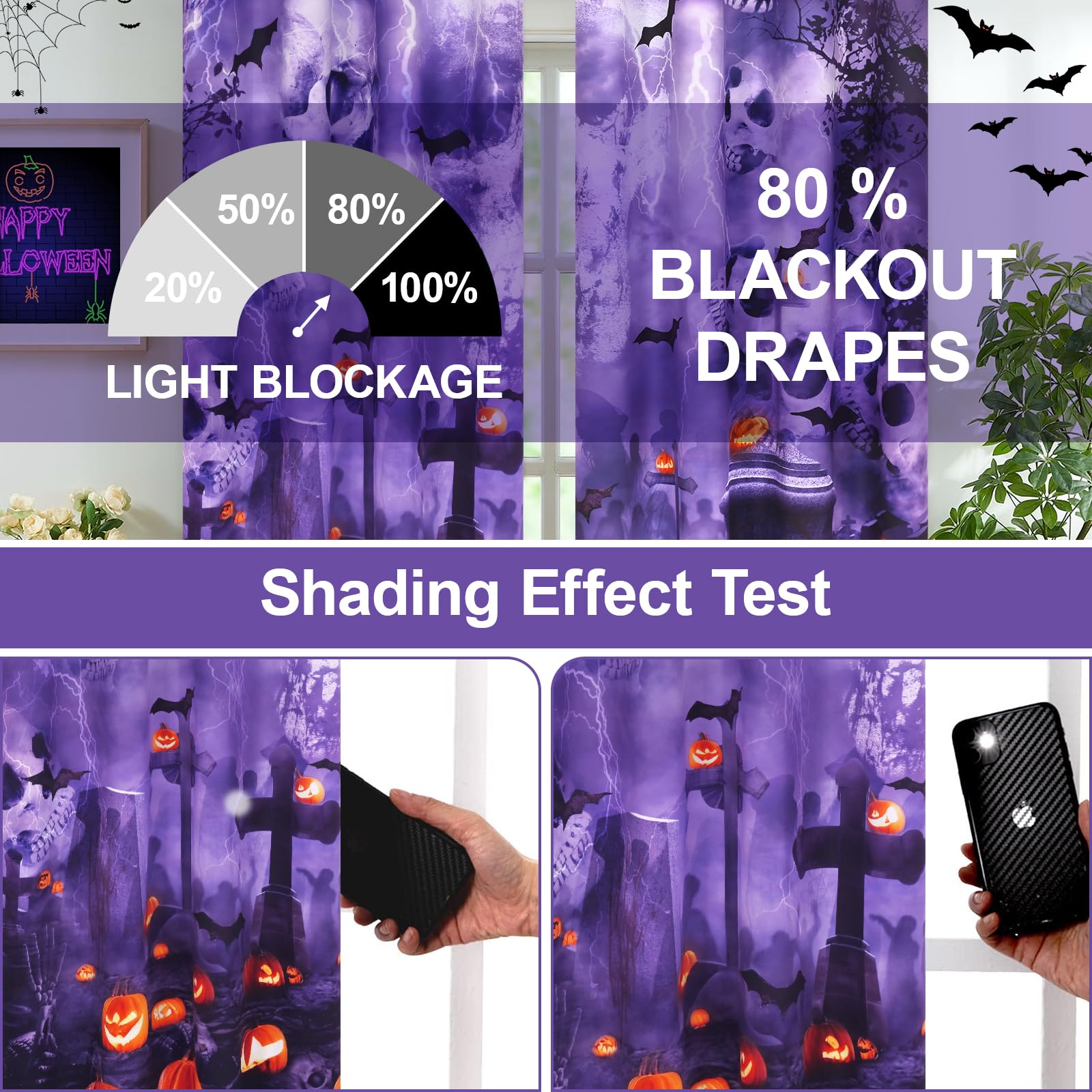 ASPMIZ Halloween Window Curtains - Purple Skeleton & Gothic Pumpkin Design, 52x84 Inch 2 Panels, 80% Blackout Drapes with Grommet Top for Living Room, Bedroom & Kitchen | Spooky Home Decor for Halloween Parties & Gothic Themed Rooms