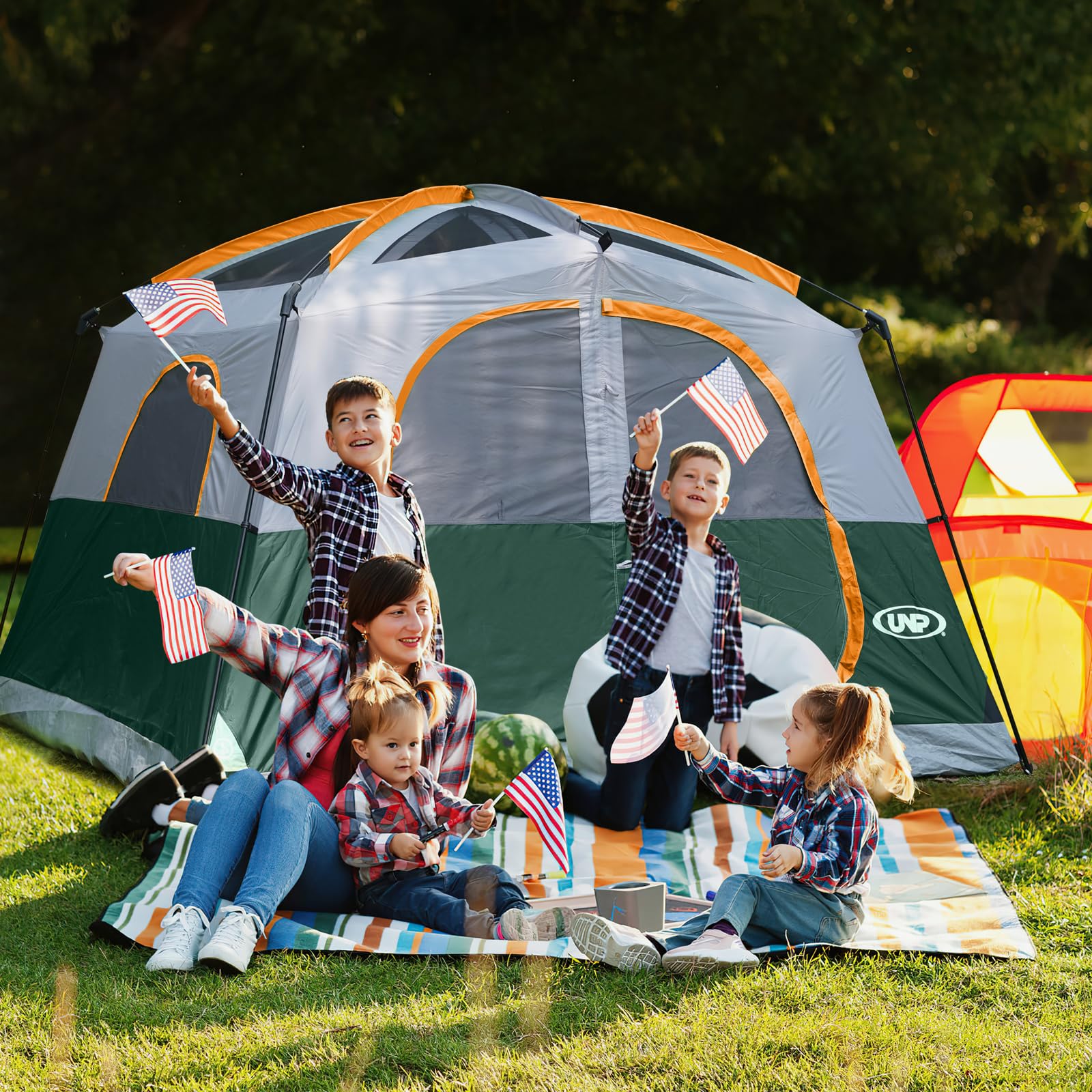 UNP 6-Person Waterproof Windproof Family Camping Tent - Double Layer, Easy Setup with 1 Mesh Door & 5 Large Mesh Windows (10'x9'x78