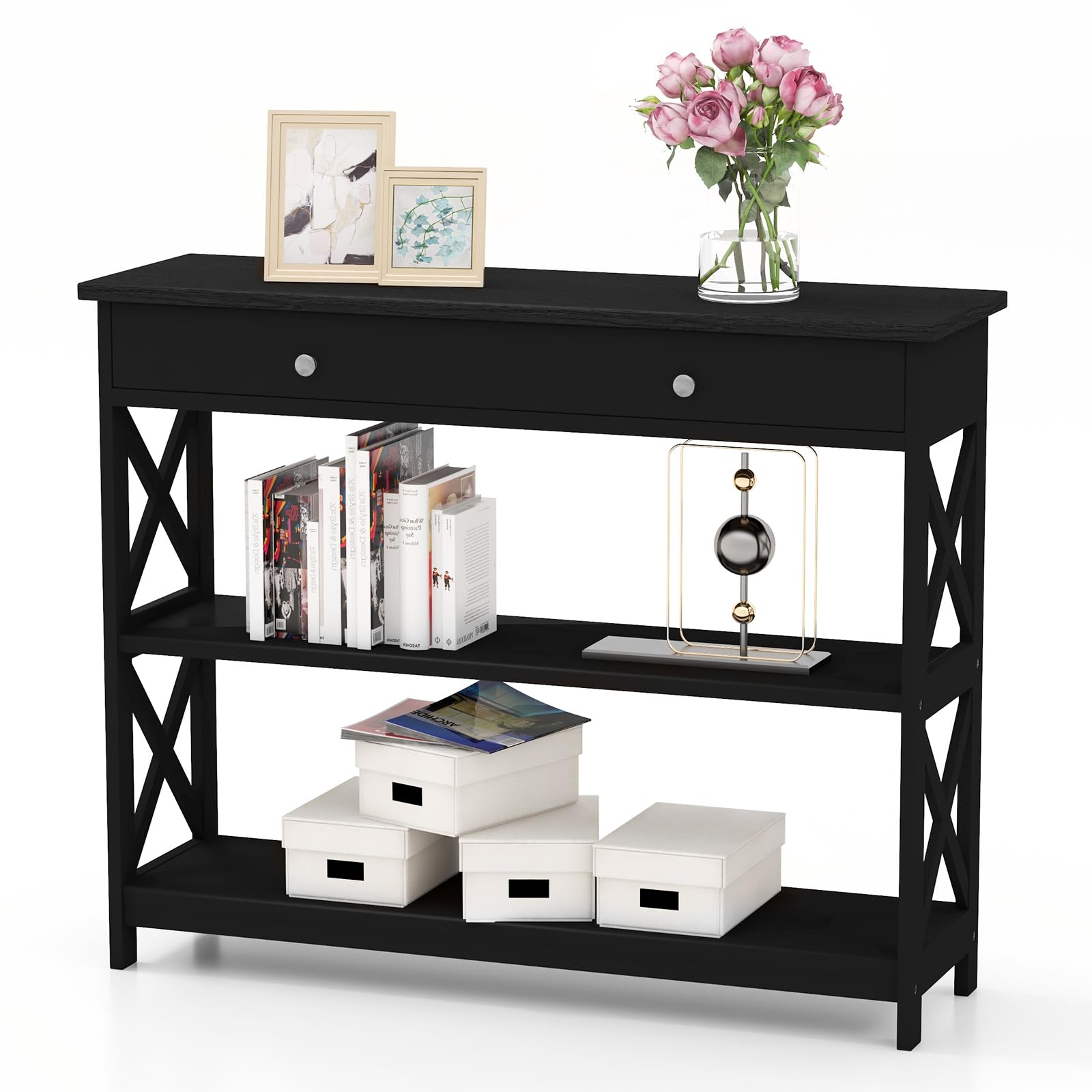 GOFLAME 3-Tier Sofa Table with Large Drawer & Open Shelves - Modern Narrow Wooden Console Table for Entryway, Living Room & Hallway - Perfect for Small Space Organization & Home Decor (Black)