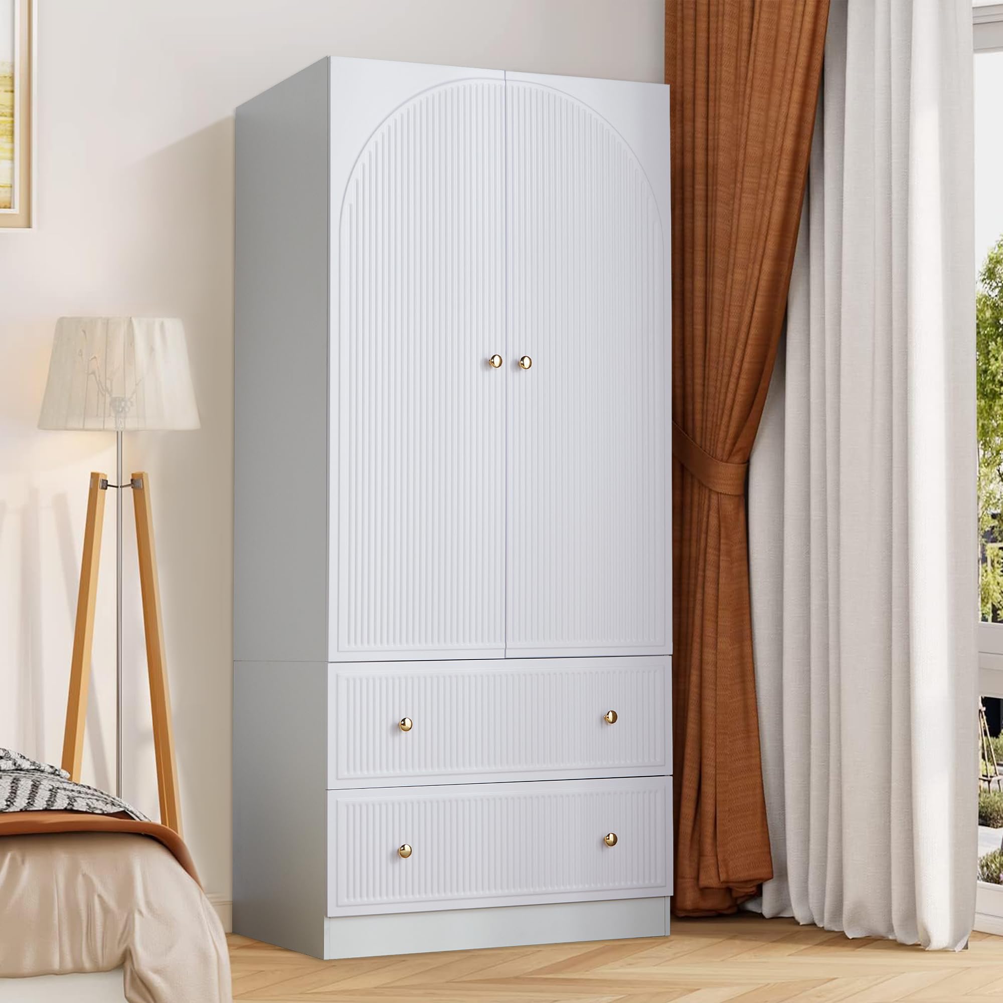 ORRD 2-Door Freestanding Armoire Wardrobe Closet - Large Capacity Wooden Storage Cabinet with 2 Drawers for Bedroom (White) | Perfect for Organizing Clothes, Shoes & Accessories in Small Spaces
