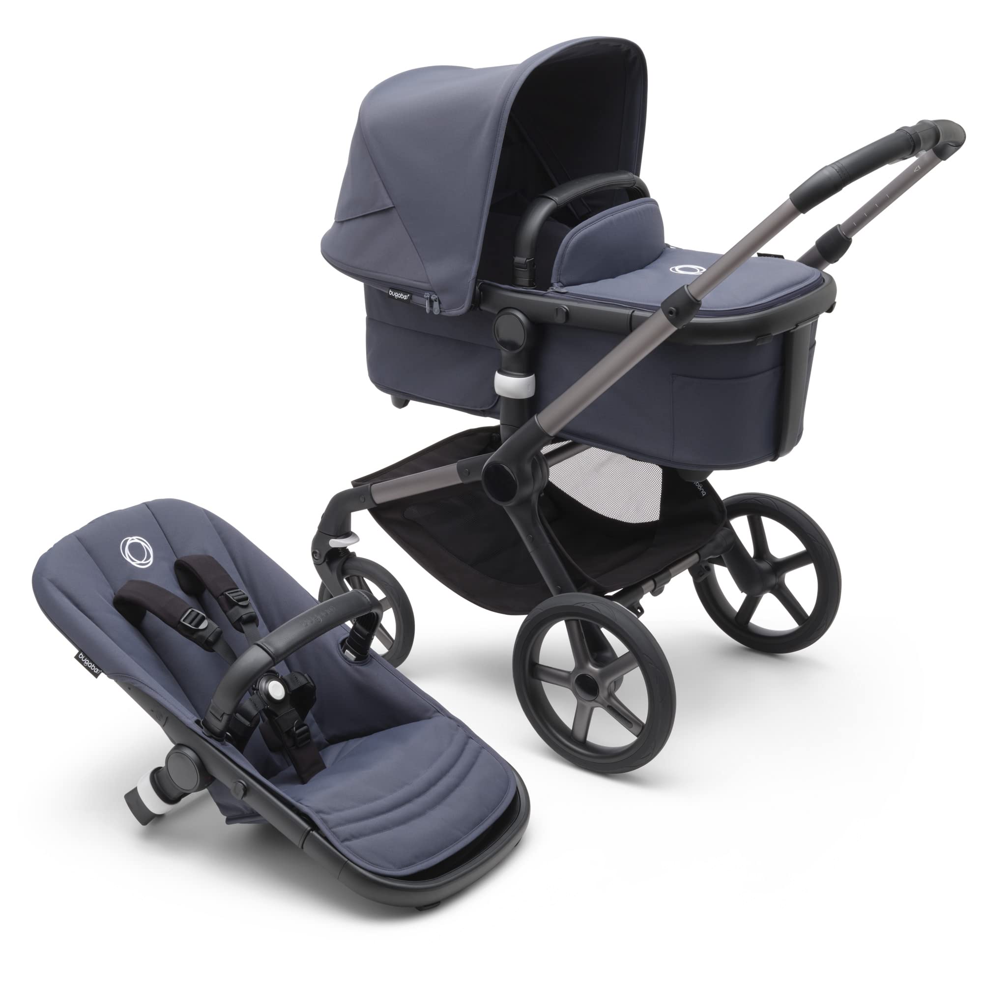 Bugaboo Fox 5 All-Terrain Stroller - 2-in-1 Baby Stroller with Full Suspension & Easy Fold | Spacious Bassinet & Extendable Toddler Seat | One-Handed Maneuverability (Graphite-Stormy Blue) | Perfect for Urban Walks, Park Visits & Travel Adventures