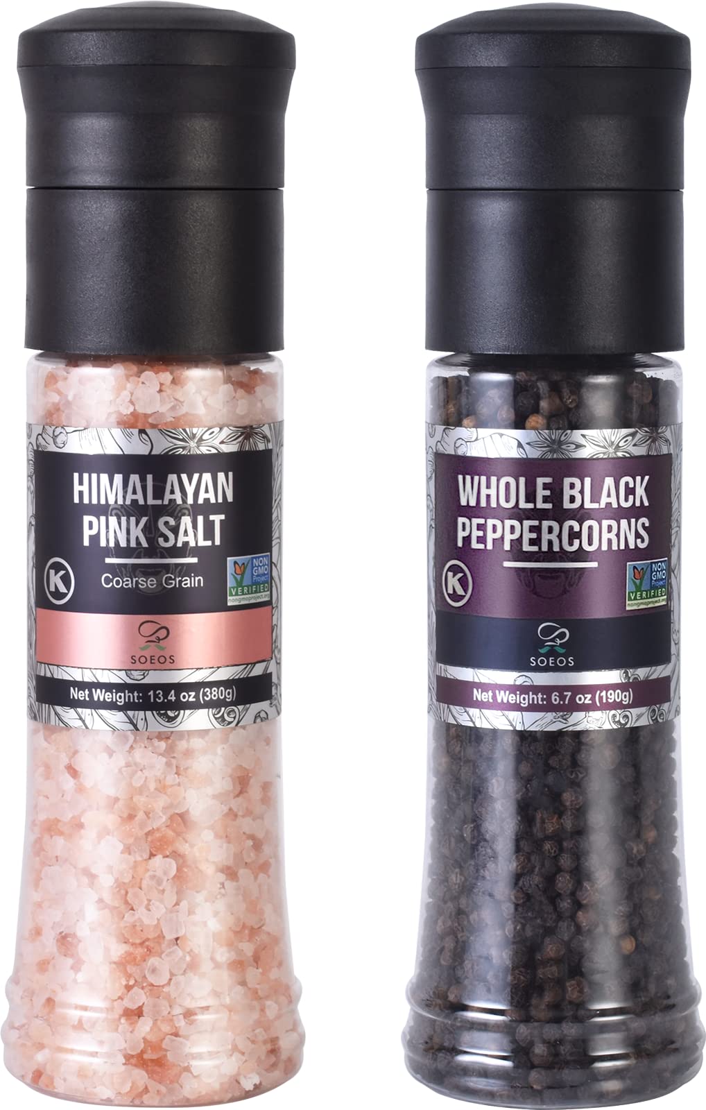 Premium Soeos Whole Black Peppercorns & Himalayan Pink Salt Combo - 6.7oz (190g) & 13.4oz (380g) - Refillable Grinder Bottle Set - Perfect for Cooking, Seasoning & Gourmet Meals - Ideal for Kitchen, Restaurant & Home Use