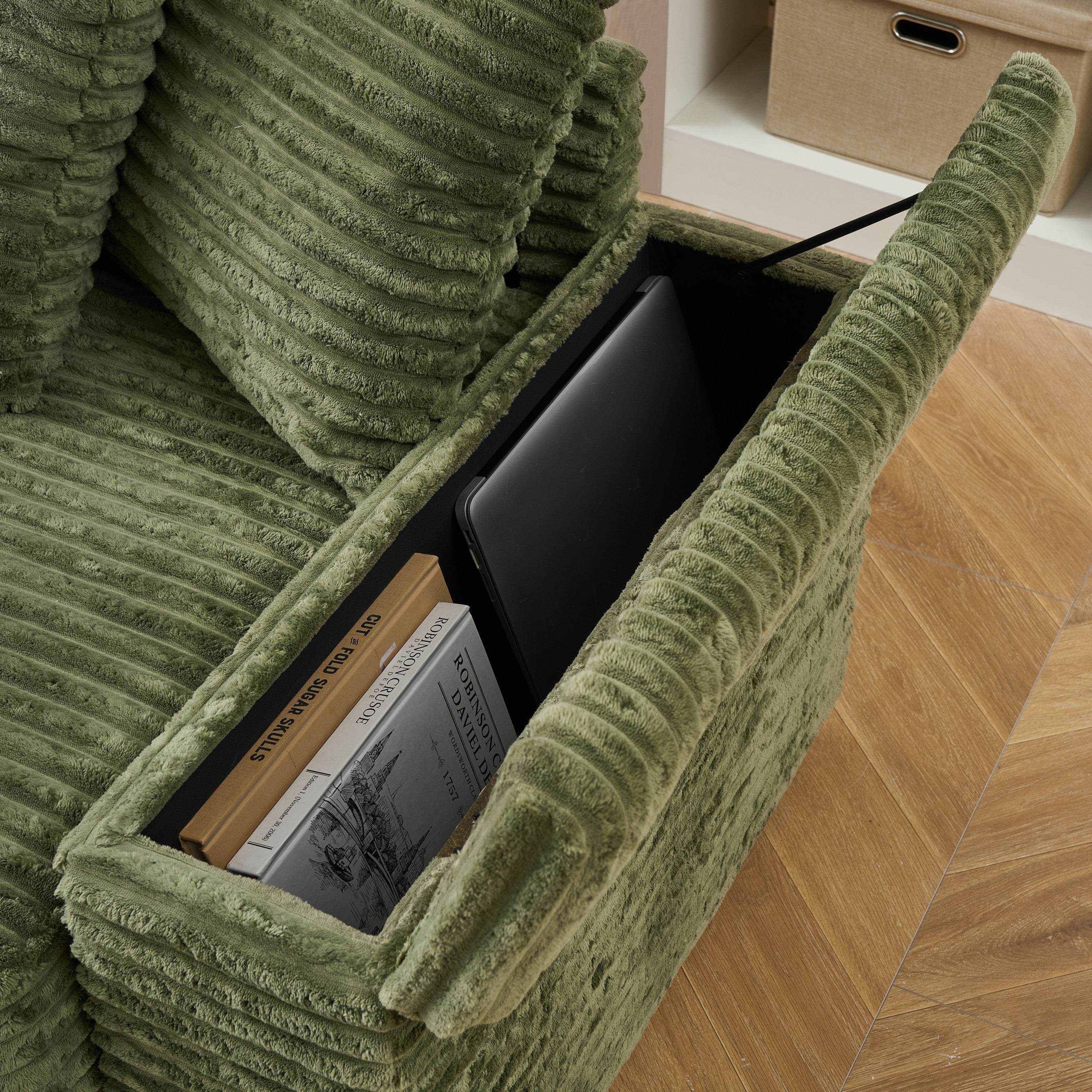 111.4 Inch Green Corduroy Reversible Chaise Lounge Sofa with Cup Holders & Storage Lockers on Armrests – Perfect for Living Room, Bedroom & Small Spaces