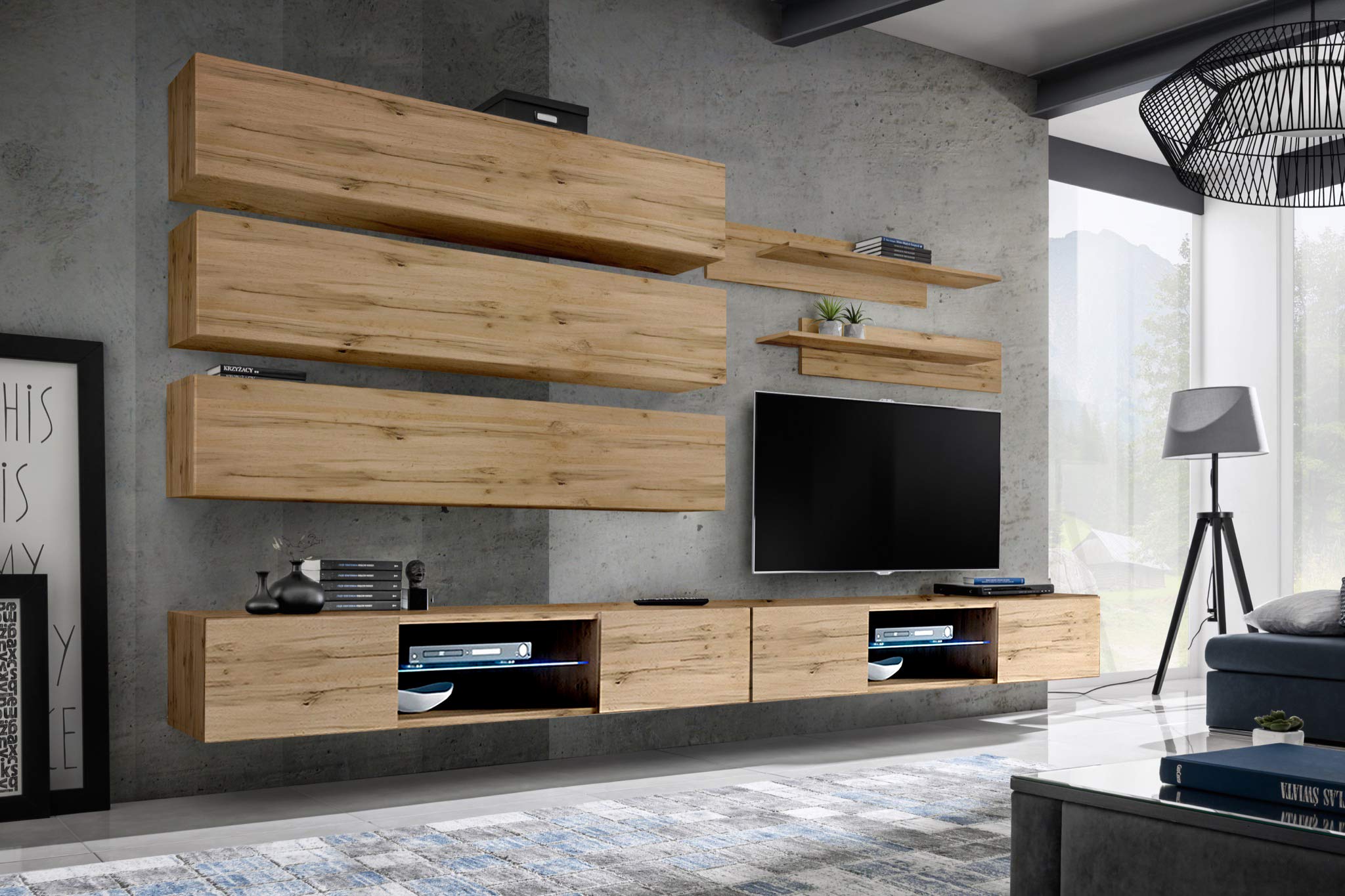 Modern Oak TV Stand with Storage & Shelves - Wall-Mounted Entertainment Center Console for Bedroom & Living Room - Space-Saving J1 33 TV Stand by Meble Furniture - Perfect for Small Spaces & Home Theater Setup