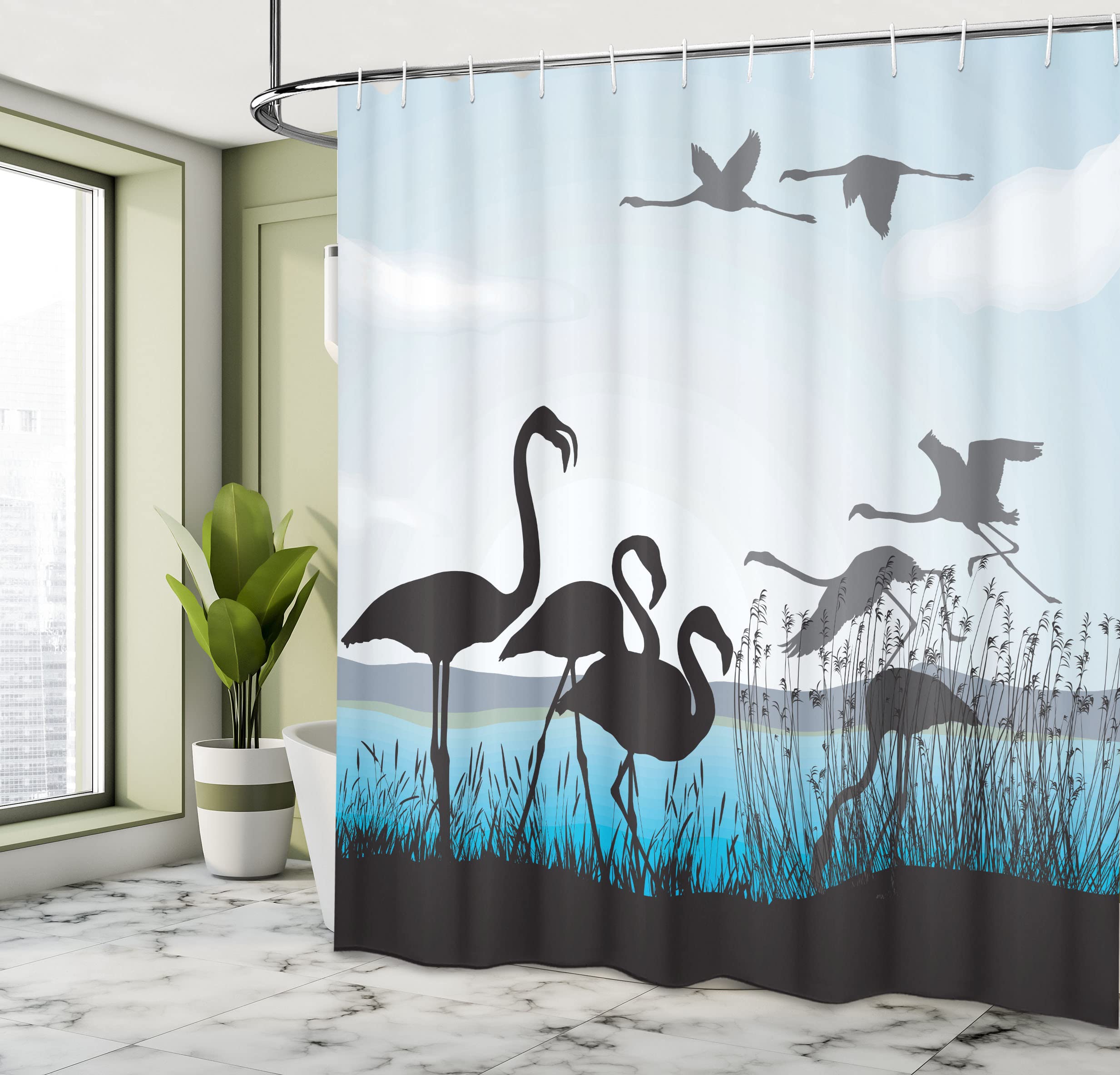Ambesonne Flamingo Shower Curtain - Tropical Flamingo Silhouettes Walking & Flying with Waterfront River Reed Bed Design - 69x70 Inch Aqua Grey Bathroom Decor Set with Hooks - Perfect for Beach House, Tropical & Coastal Themed Bathrooms