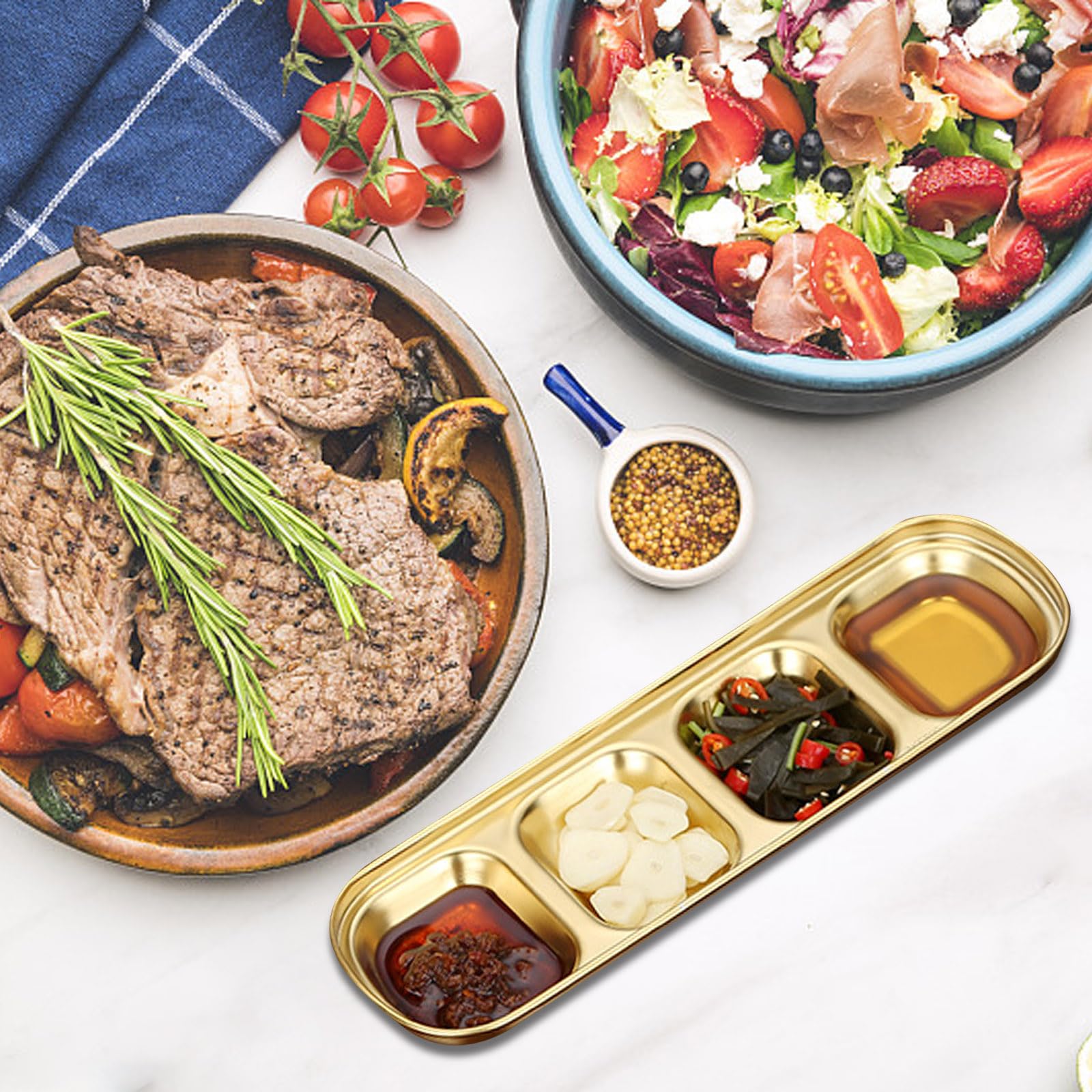 4 Pcs Stainless Steel Divided Dipping Plates - 1/2/3/4 Compartment Sauce Bowls for Soy, Vinegar & Spices | Condiment Tray for Home, Restaurant & Party Snacks | Perfect for Sushi, Dumplings & BBQ Dips