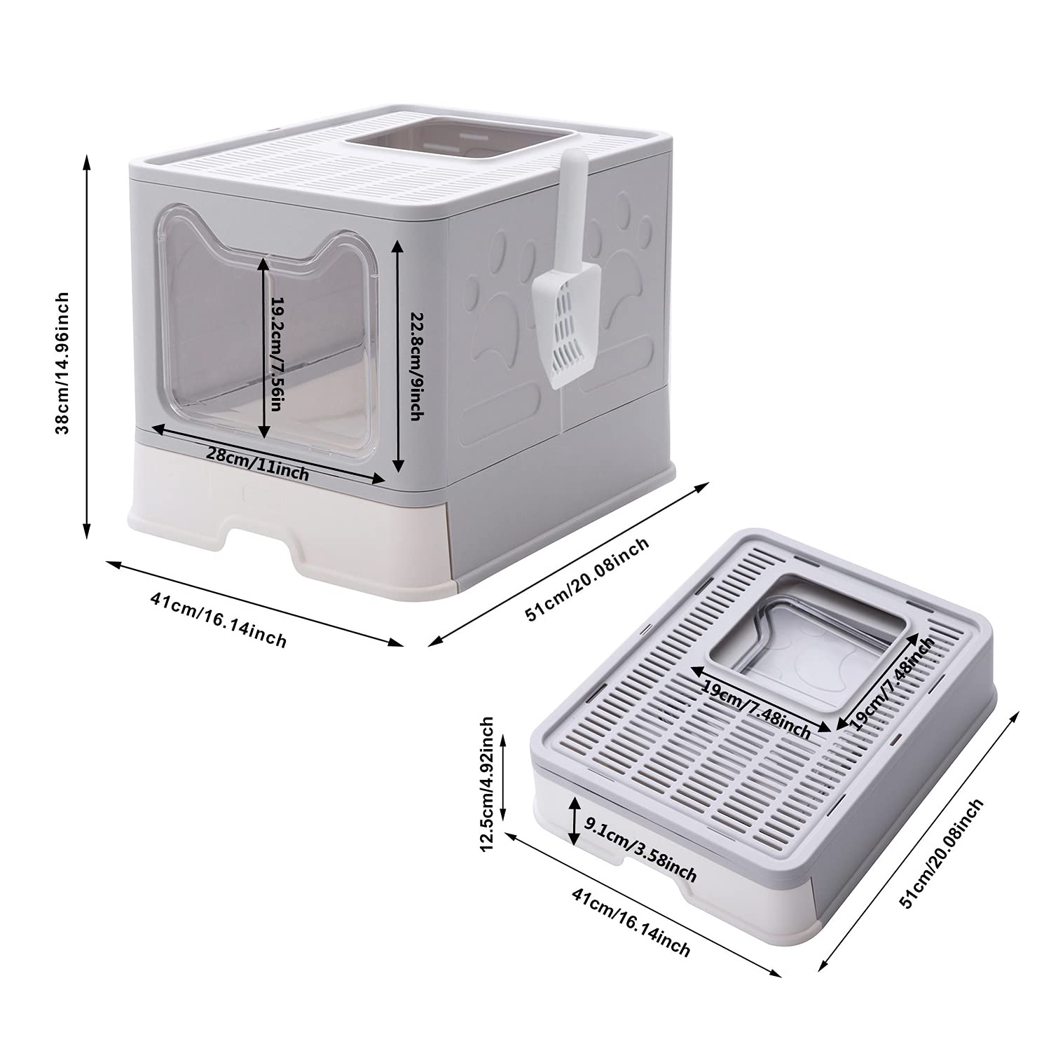 GENENIC Large Foldable Cat Litter Box with Lid - Top Entry Design for Anti-Splashing - Includes Plastic Scoop (Grey) | Perfect for Small Spaces & Travel | Odor Control for Home & Apartments