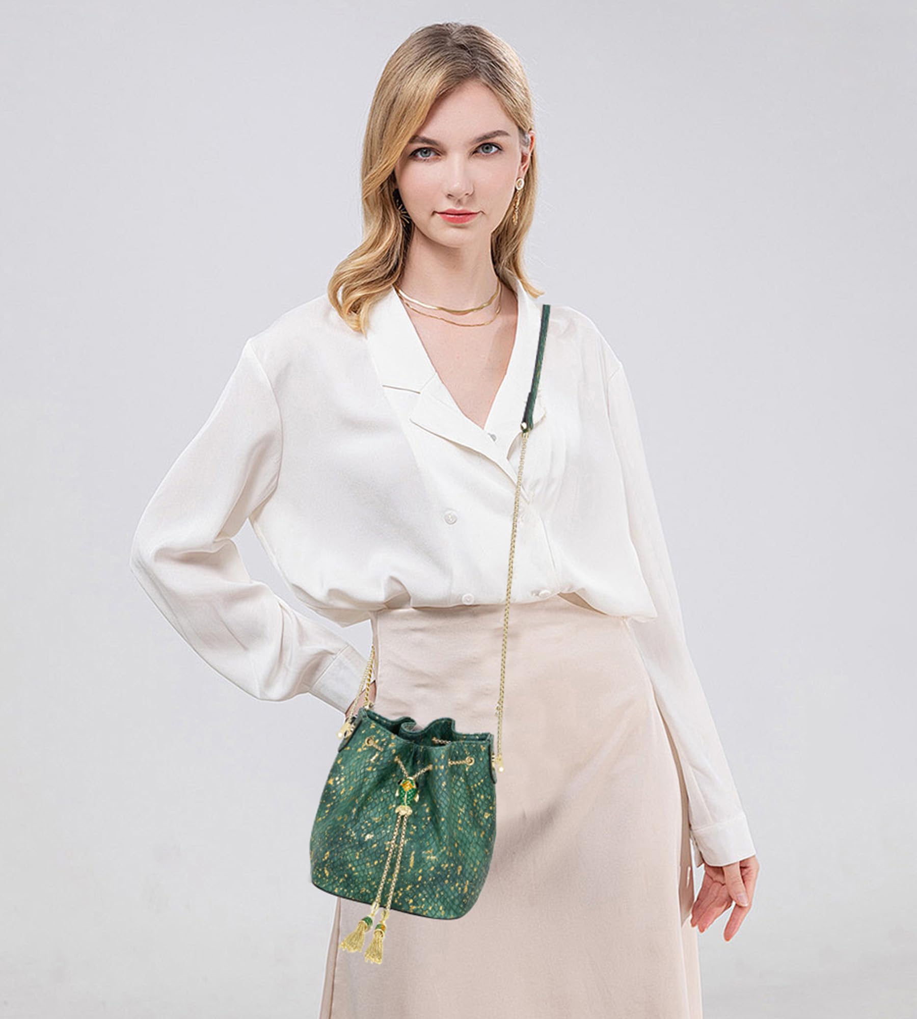 Luxury Leather Crossbody Bucket Bag for Women - Drawstring Shoulder Bag with Detachable Chain Strap | Perfect for Evening Out, Shopping & Travel Accessories