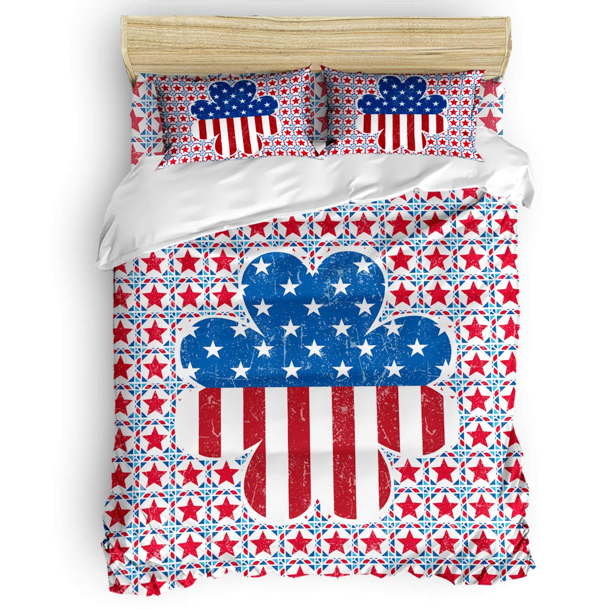 4-Piece American Flag & Four Leaf Clover Duvet Cover Set - Full Size Bedding Set with 1 Duvet Cover, 1 Fitted Sheet & 2 Pillowcases - Patriotic Home Decor for Bedroom, Dorm or Guest Room