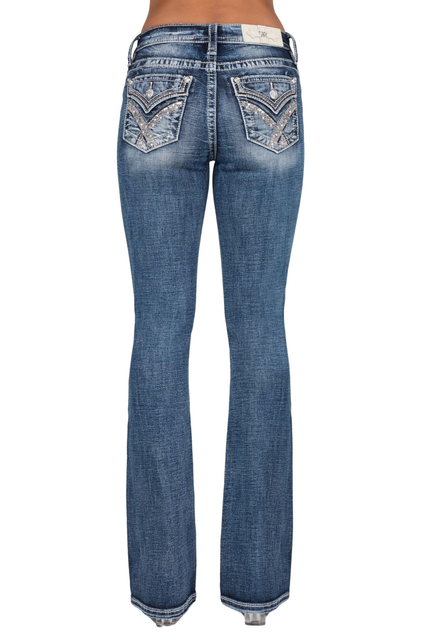 Miss Me Women's Mid-Rise Bootcut Jeans with Crossed Bands & Embellished Faux Pockets - Slim Fit Denim for Casual Wear, Date Night & Office Outfits