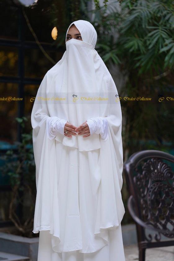 White Niqab Khimar with Pockets - Modest Islamic Face Veil for Women - Perfect for Prayer, Daily Wear & Special Occasions