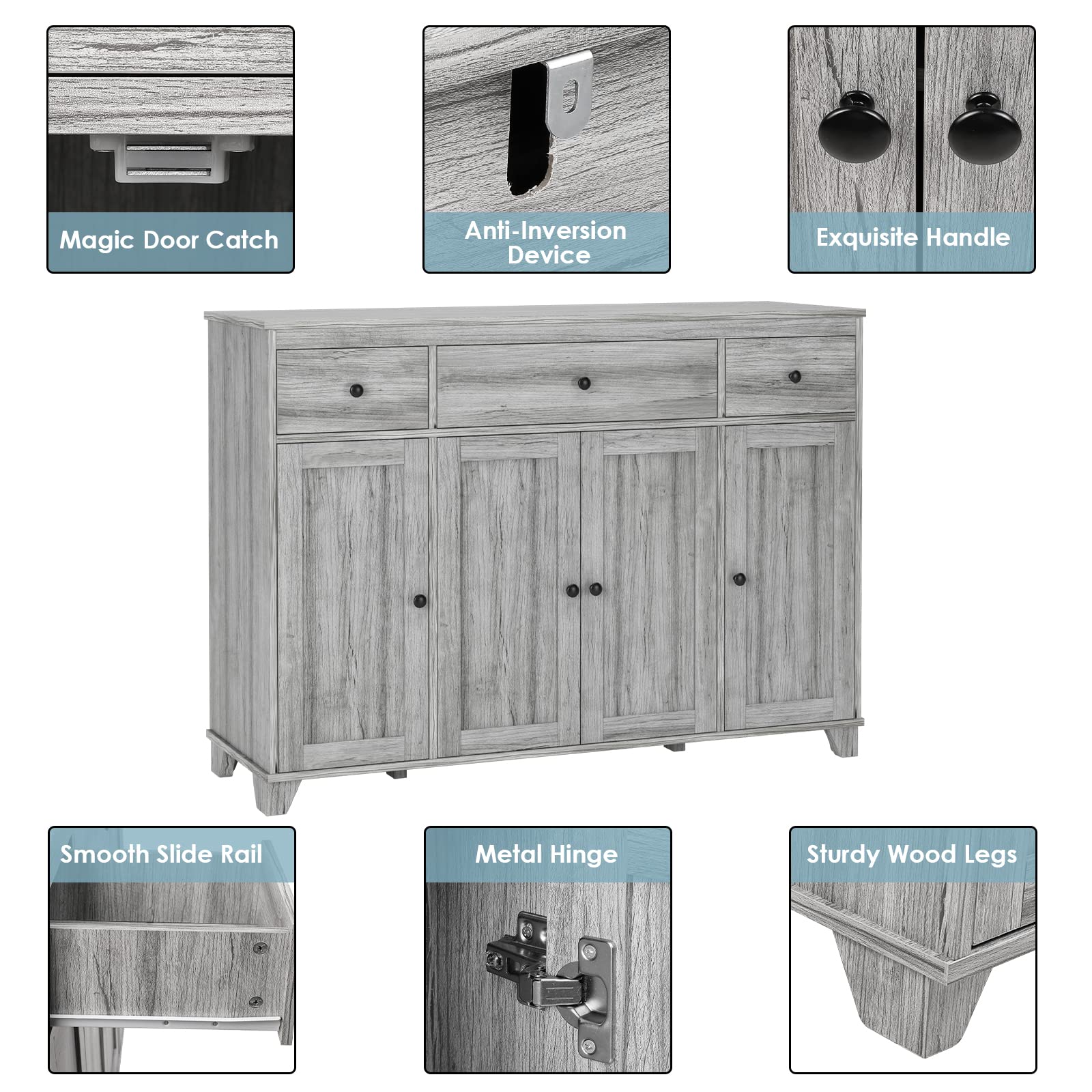 Rustic Farmhouse Buffet Cabinet with 3 Drawers & 4 Doors - 47