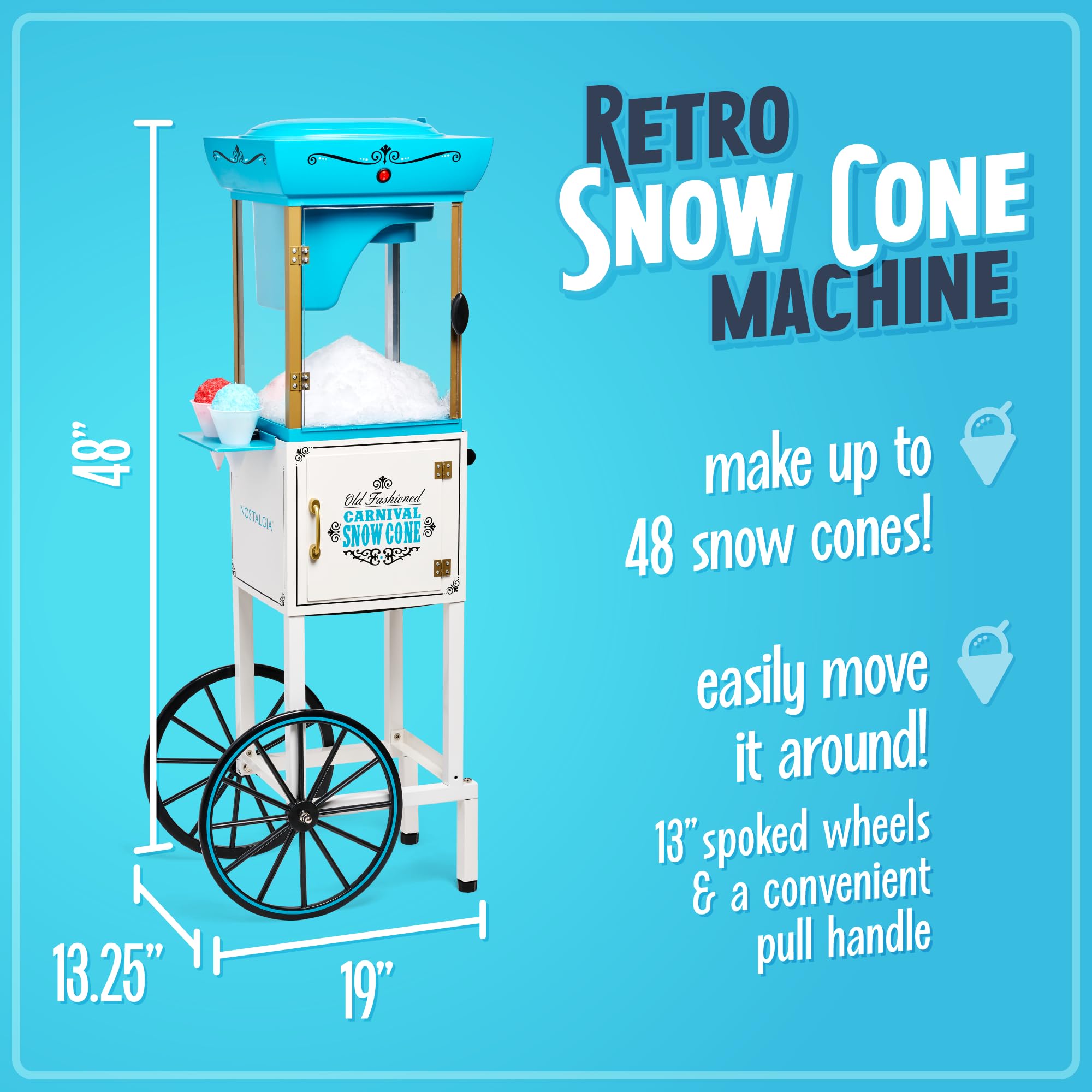Nostalgia Retro Snow Cone & Shaved Ice Machine - Commercial-Grade Slushie Maker with Wheels for Easy Mobility - Includes Metal Scoop & Storage Compartment - Makes 48 Icy Treats - Perfect for Parties, Carnivals & Summer Events (White & Blue)
