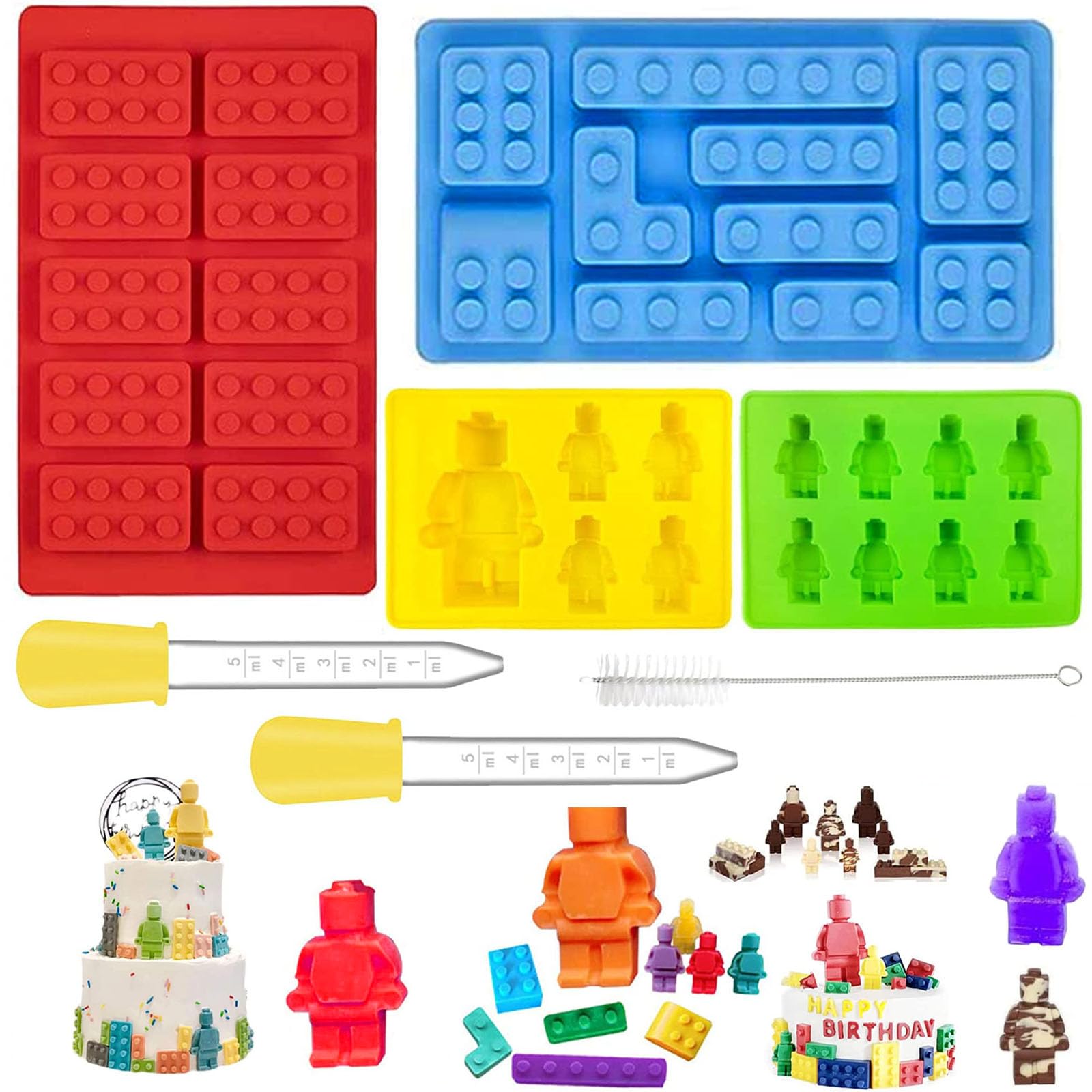 4-Piece Silicone Candy Molds for Building Bricks - Chocolate & Jelly Biscuit Molds with 2 Droppers & Cleaning Brush - Perfect for DIY Desserts, Cake Decorating & Kids Baking Activities