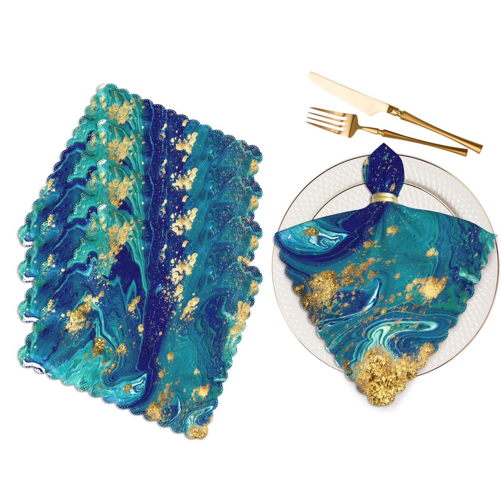 Yibeas Set of 4 Blue Abstract Marble Pattern Table Napkins - 18x18 Inch Decorative Kitchen Dinner Cloth Napkins for Home Dining, Parties & Holiday Decor