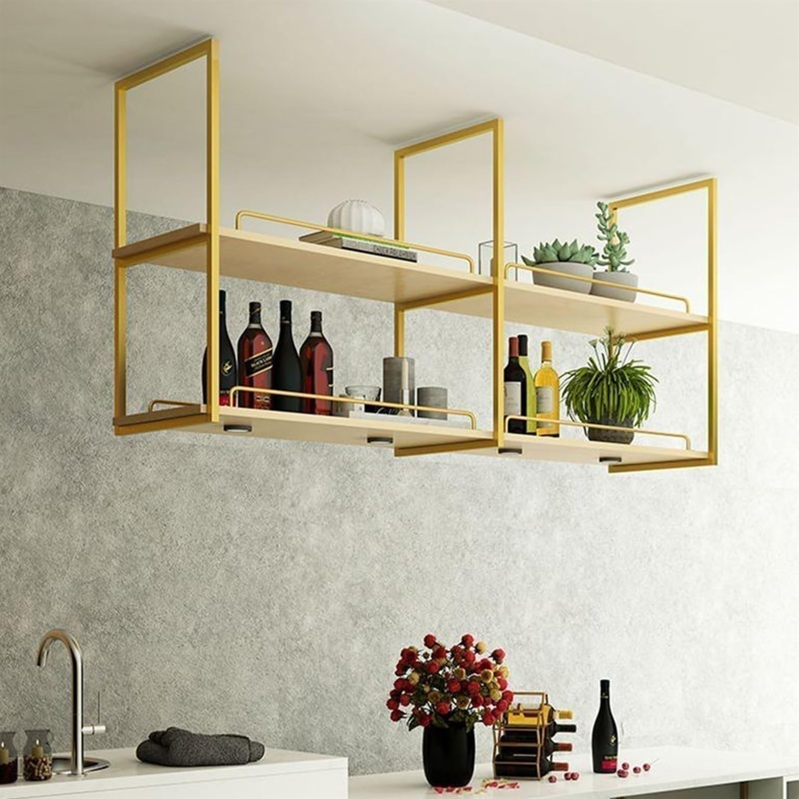 Solid Wood Hanging Storage Shelf - 2-Tier Wall Mounted Ceiling Shelf with Iron Frame, Rustic Wooden Overhead Storage Rack (Gold) - Perfect for Kitchen Pantry, Garage Organization & Bedroom Decor