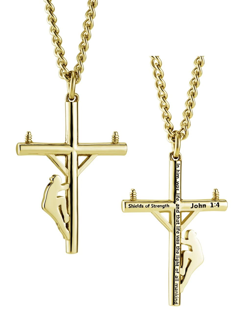 Shields of Strength 14K Gold Plated Stainless Steel Lineman Cross Pendant Necklace for Men - John 1:4 Bible Verse Christian Jewelry - Perfect Faith Gift for Daily Wear, Church, Prayer & Special Occasions