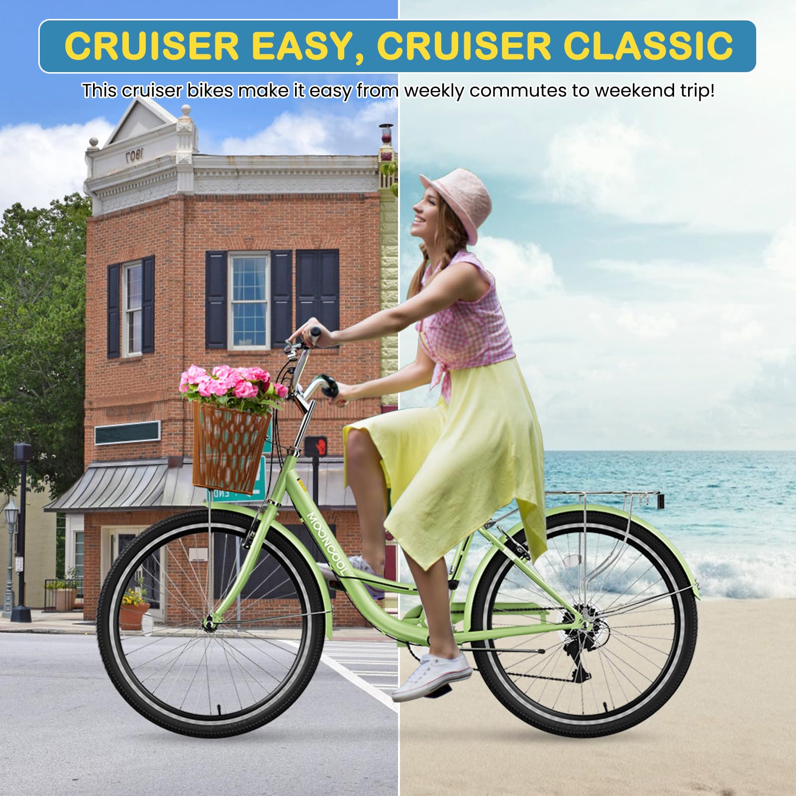 NAIZEA 7-Speed Women's Beach Cruiser Bike - 24 & 26 Inch Step-Through City Bicycle with Rattan Basket & Rear Rack - Comfortable Commuter Bike for Adult Women - Perfect for Beach Rides, City Commuting & Leisure Cycling