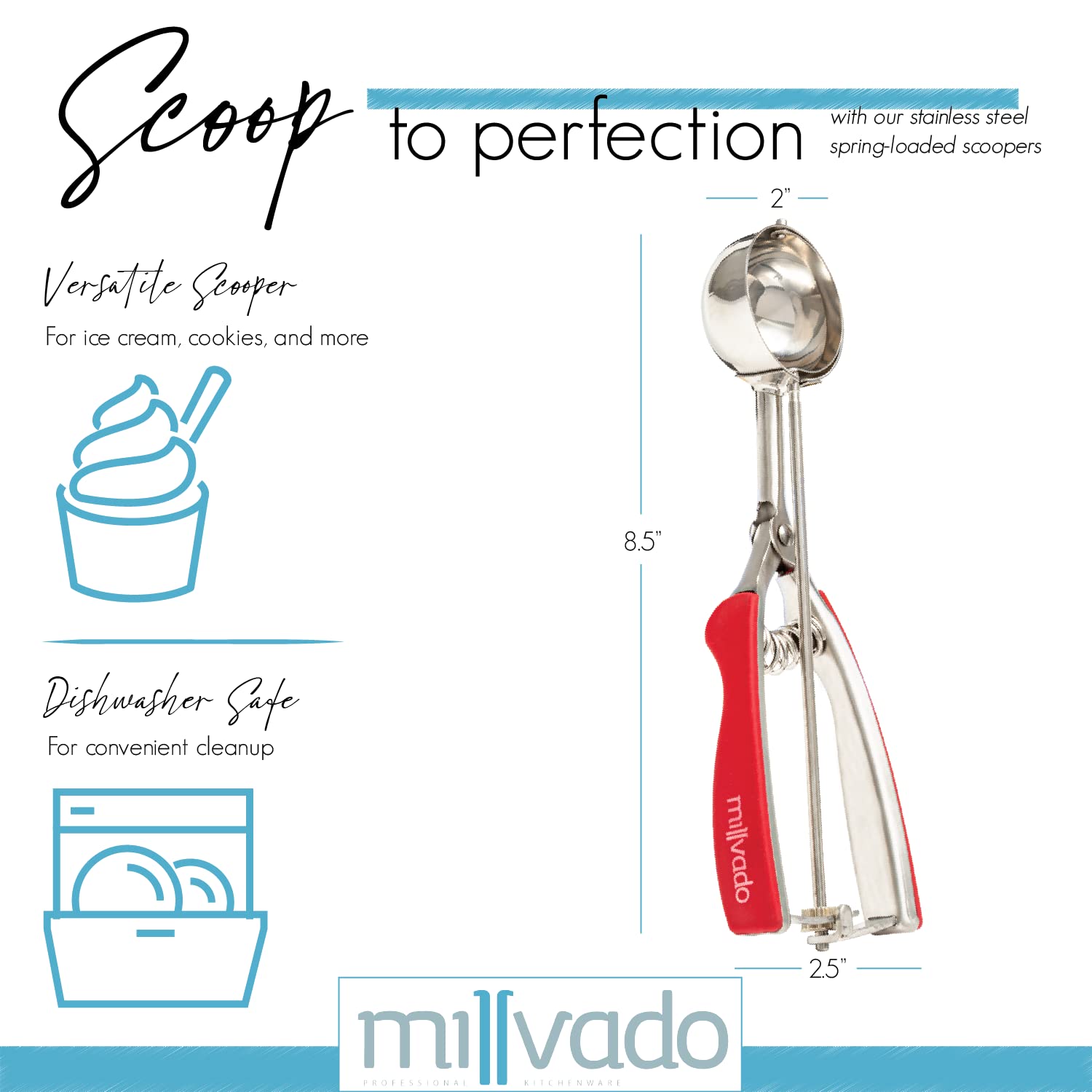 Stainless Steel Ice Cream Scooper with Trigger - Ergonomic Red Grip for Easy Scooping - Perfect for Ice Cream, Cupcake Batter, Mashed Potatoes & Rice - Ideal for Home Kitchens, Bakeries & Ice Cream Shops