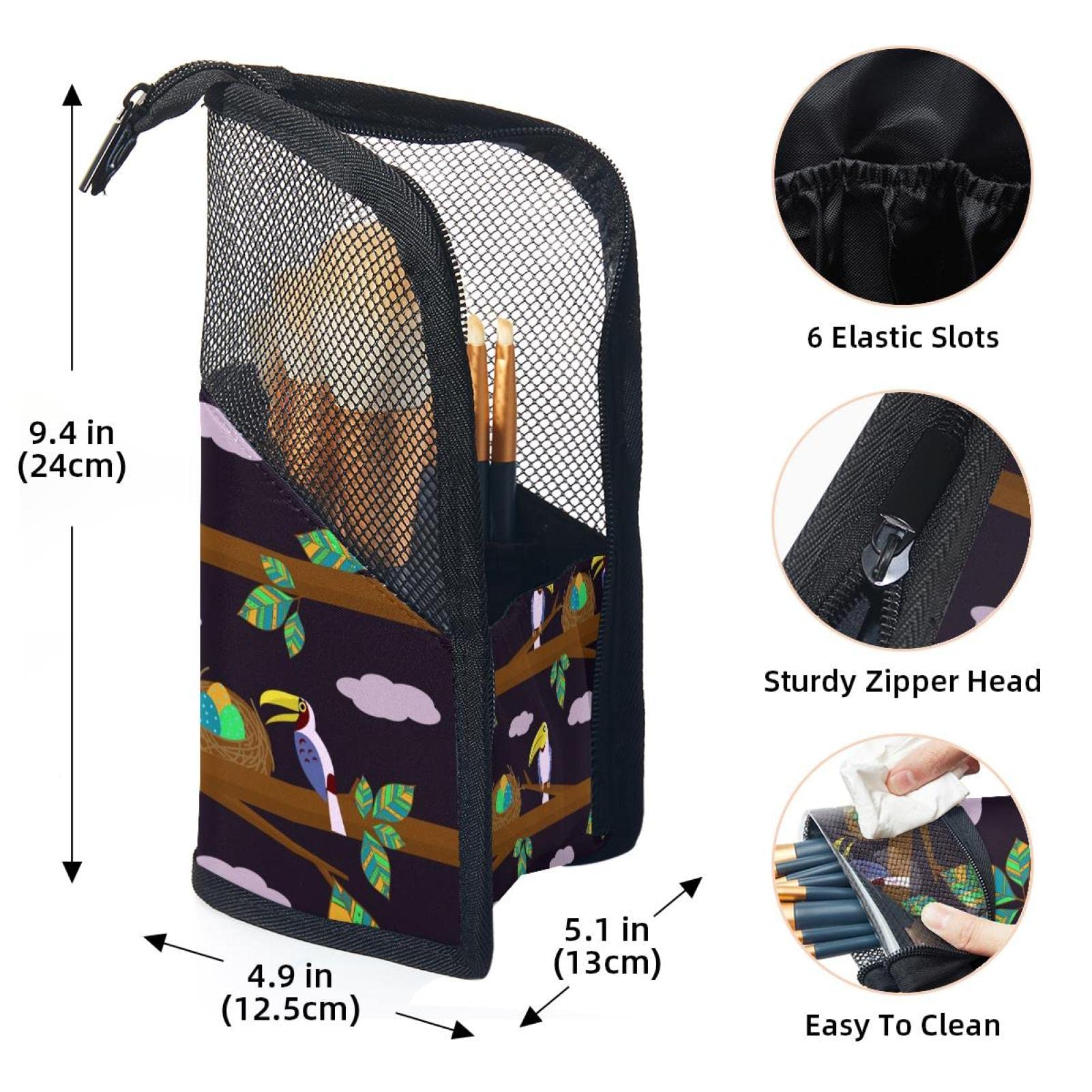 Premium 12-Slot Makeup Brush Organizer Bag - Portable Travel Cosmetic Brush Holder with Tropical Toucan & Leaf Design - Perfect for Home, Travel & Professional Makeup Artists