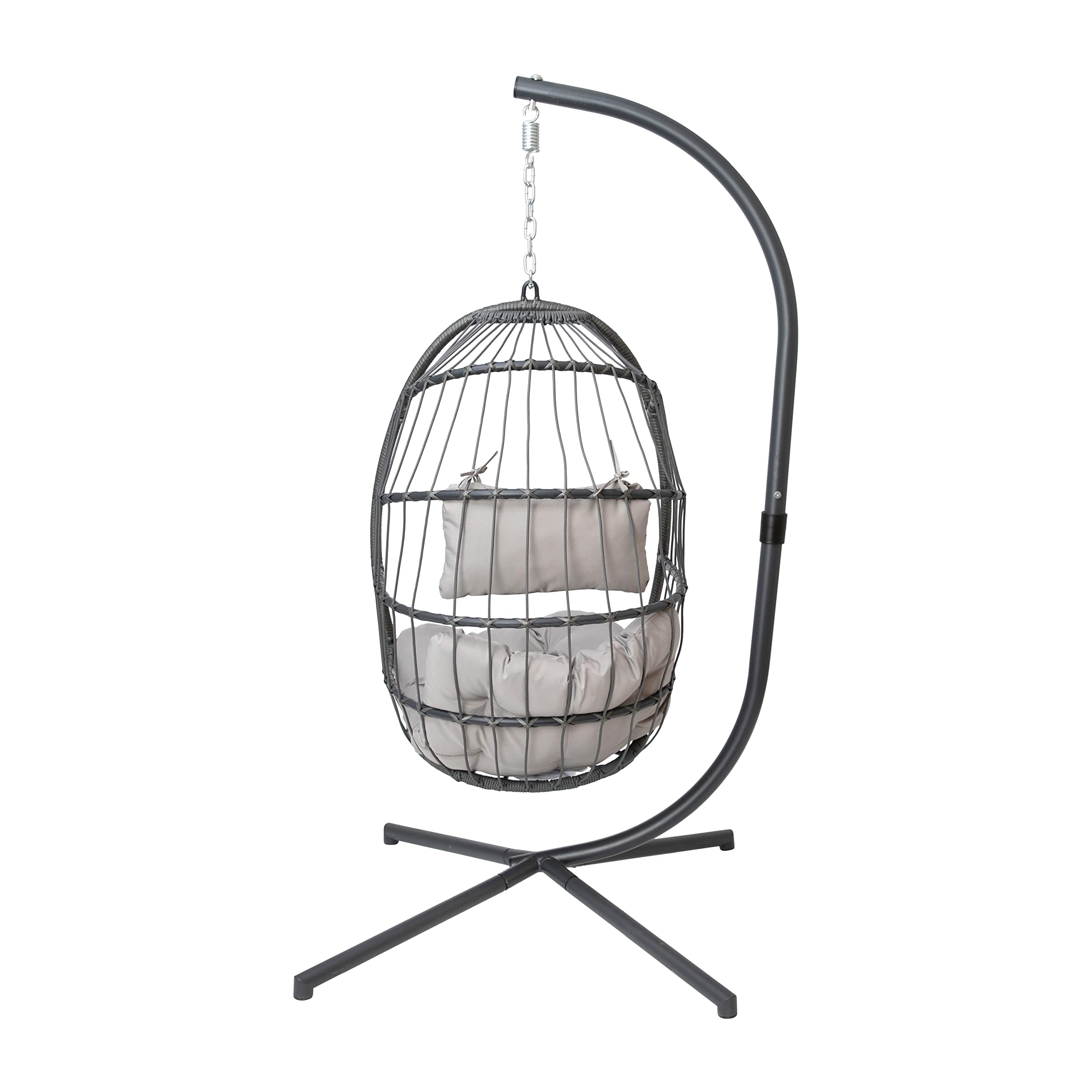 Flash Furniture Cleo Indoor/Outdoor Hanging Egg Chair with Gray Frame & Cushions - Black Powder-Coated C-Stand - Perfect for Patio, Garden, Poolside & Balcony Relaxation