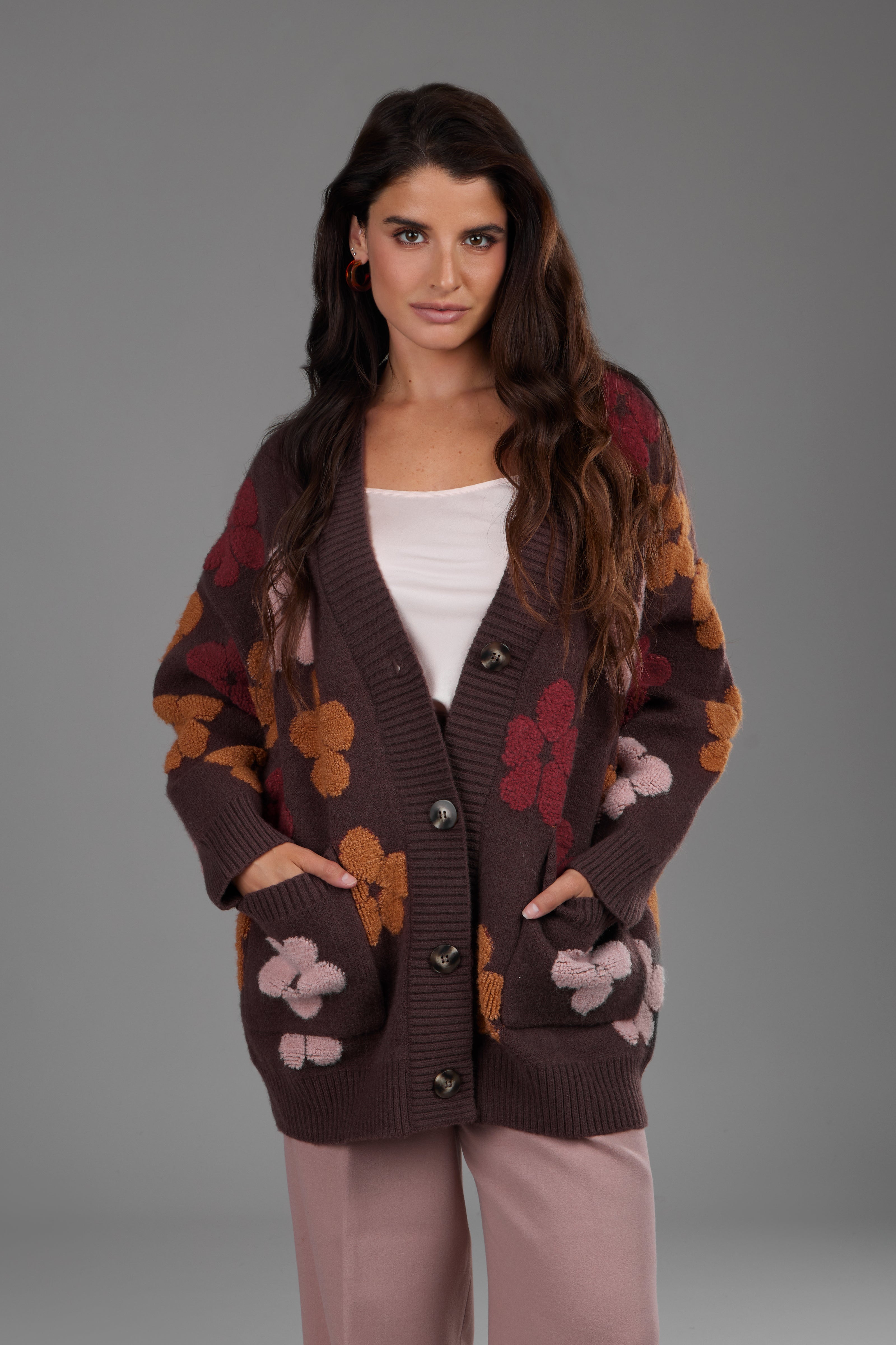 Brown Floral Knit Cardigan for Women - Soft & Cozy Open Front Sweater - Perfect for Fall, Winter & Casual Outfits