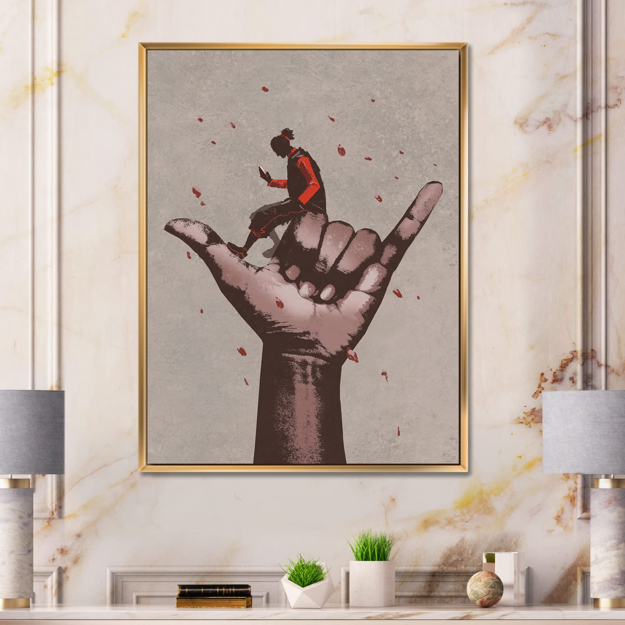 Call Me Sign With Man Using Mobile Phone - Modern Framed Canvas Wall Art Print for Home & Office Decor | Perfect for Living Room, Bedroom or Workspace
