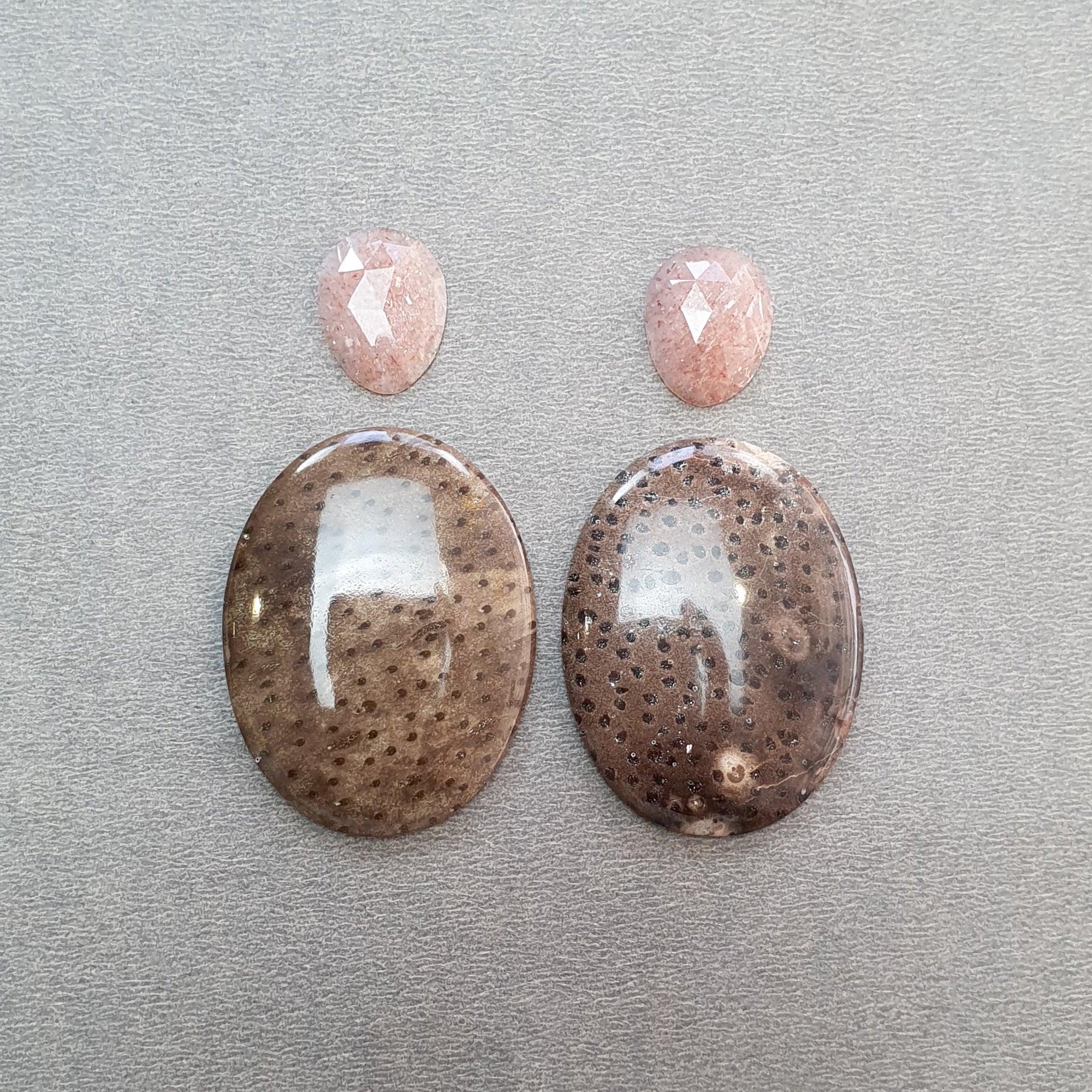 Natural Untreated Botswana Agate Sunstone & Peach Moonstone Gemstone Rose Cut Cabochon - Bi-Color Agate Egg Oval Shape 4pc Set for Jewelry Making, Wire Wrapping & Crystal Healing