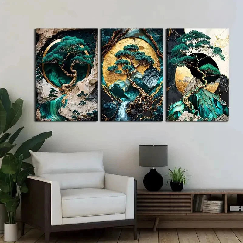 3-Piece Green and Golden Landscape Oil Painting Metal Prints - Ready to Hang Wall Art for Living Room, Bedroom & Office Decor