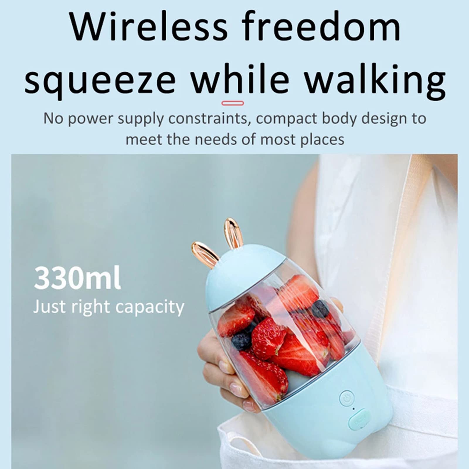 330ml Portable USB Rechargeable Blender - Cute Rabbit Design Fruit Juice Mixer Cup for Smoothies, Shakes & Healthy Drinks | Perfect for Home, Office, Gym & Travel | Pink