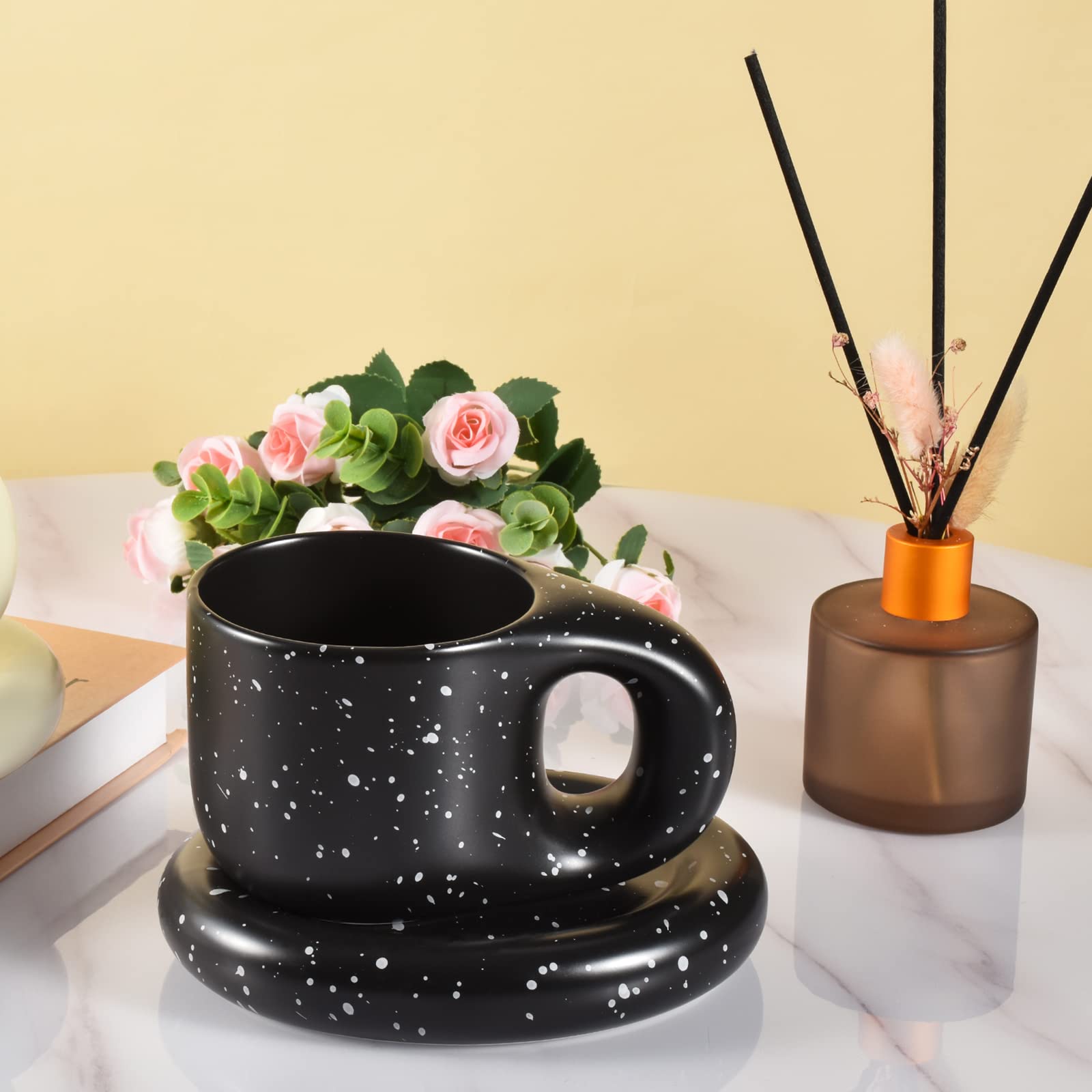 Koythin Ceramic Coffee Mug Set - 10 oz Chubby Fat Handle Cup with Saucer for Latte, Tea & Milk | Dishwasher & Microwave Safe | Perfect for Office, Home & Gifts (Black)