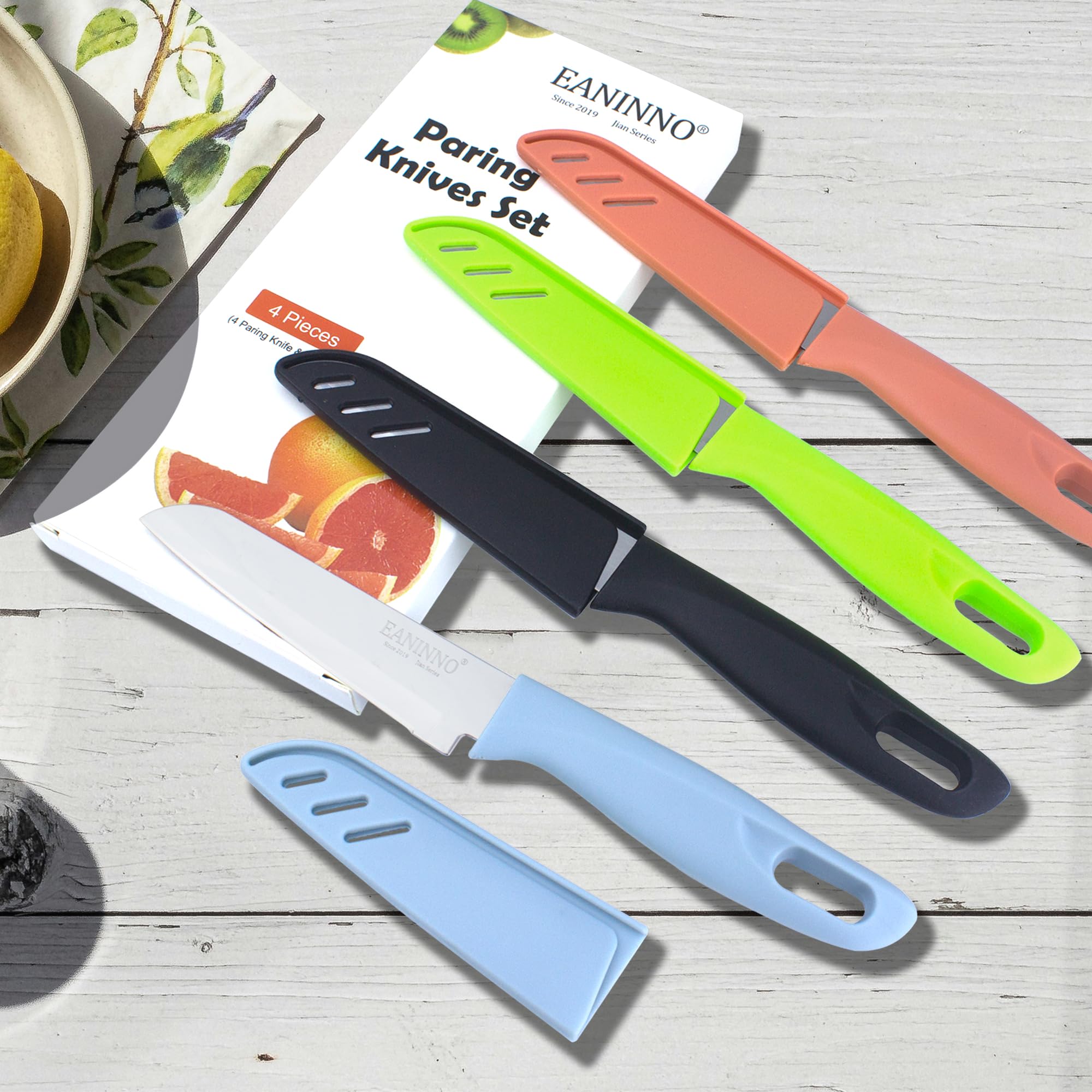 4-Piece Stainless Steel Paring Knife Set with Sheath - 3.8