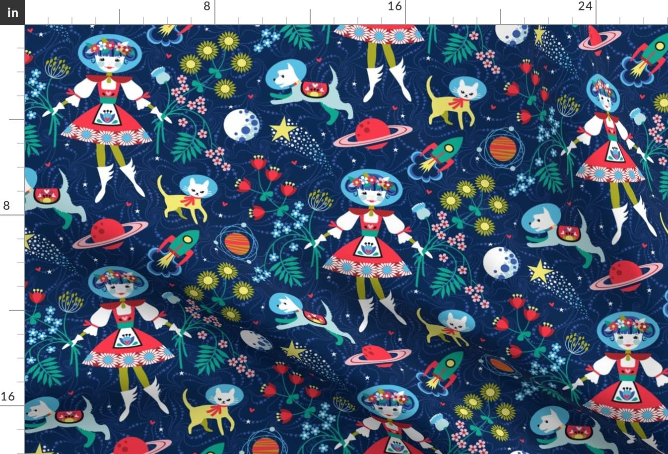 Folk Art Scandinavian Space Dogs Cat Planets Moon Print Velvet Upholstery Fabric by The Yard - Home Decor, Apparel & DIY Projects | Perfect for Curtains, Pillows, Sofas & Crafting