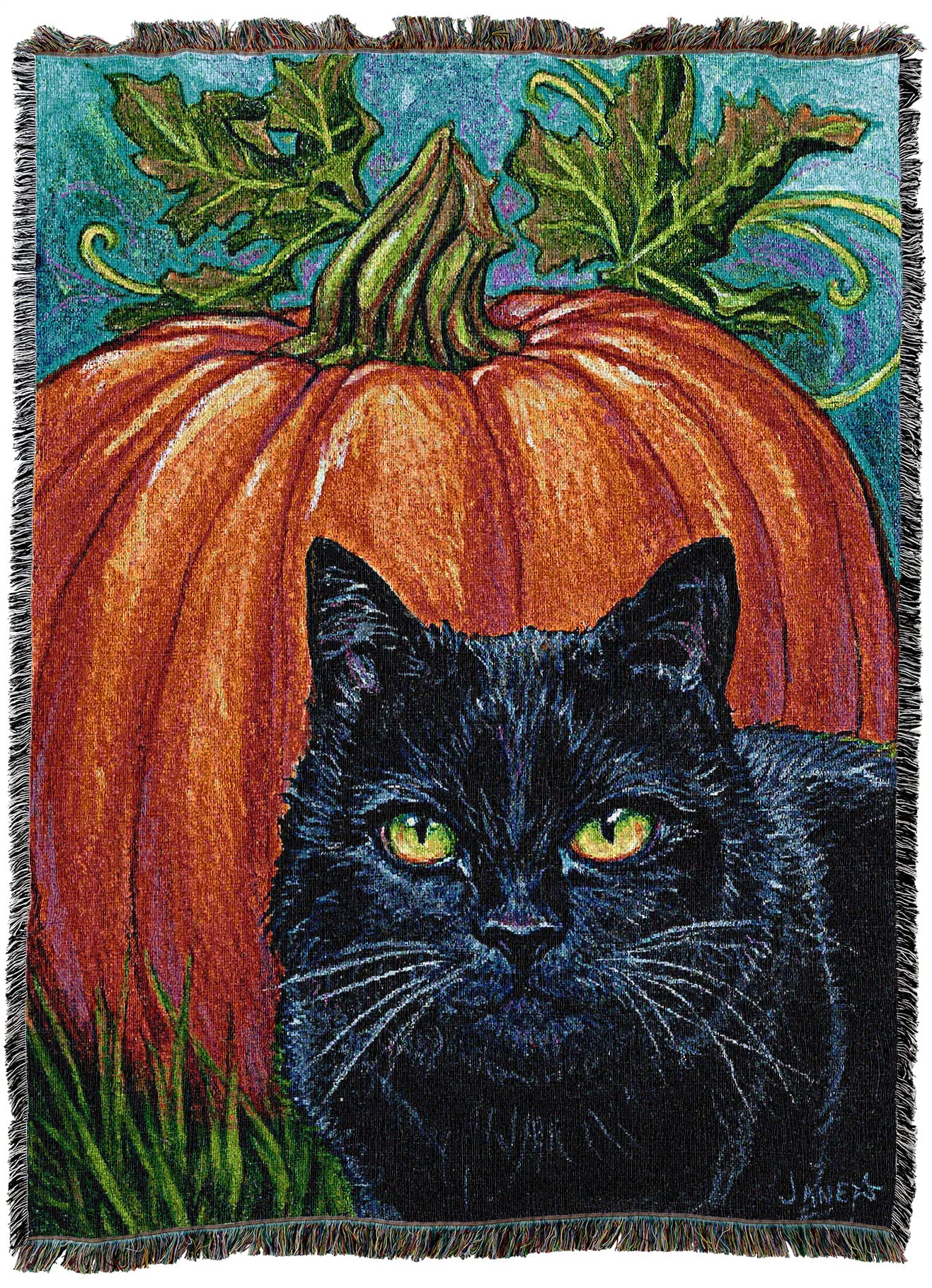 Pure Country Weavers Black Cat and Pumpkin Cotton Woven Blanket - Halloween Fall Decor Throw - 72x54 Inches - Made in USA | Cozy Home Decor for Sofa, Bed & Seasonal Festivities