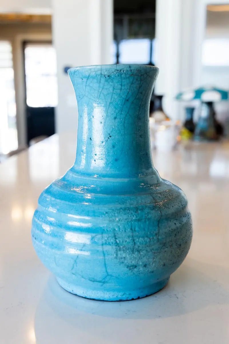 Handmade RAKU Turquoise Crackled Ceramic Pot - Large Textured Decorative Vase for Home, Office & Garden Decor
