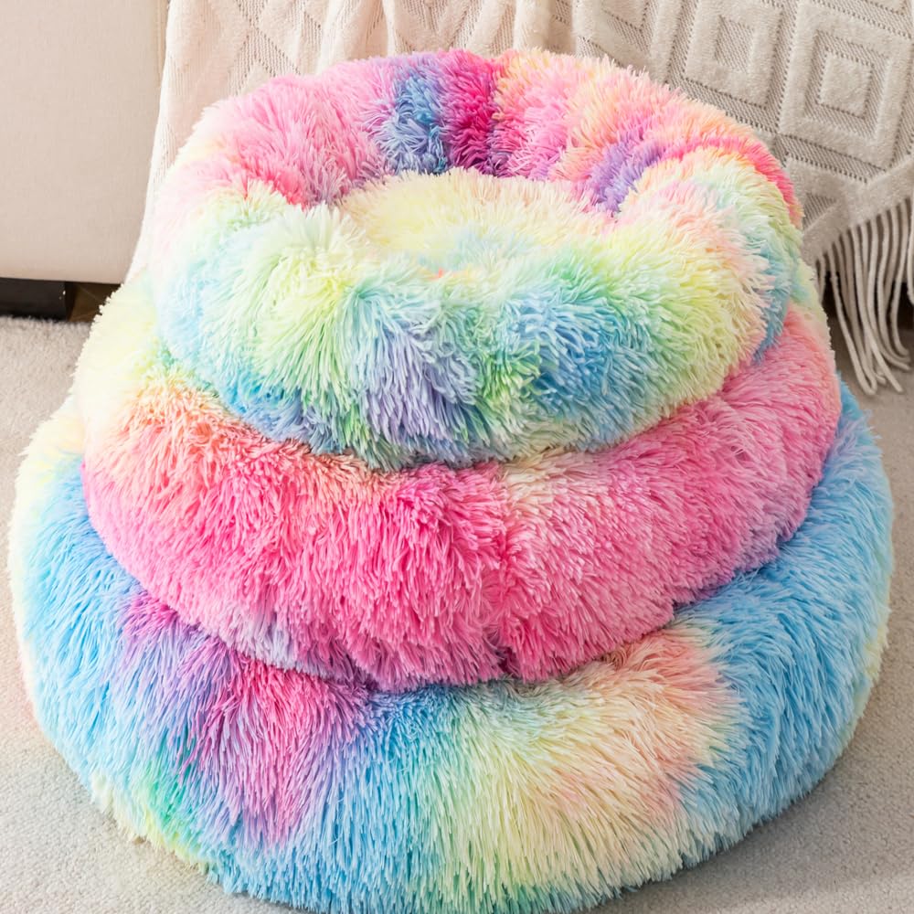 Cozy Round Donut Pet Bed for Small Cats & Dogs - Warm Fluffy Nest Bed for Kittens, Puppies & Rabbits Under 3kg - Perfect for Indoor Lounging & Nap Time