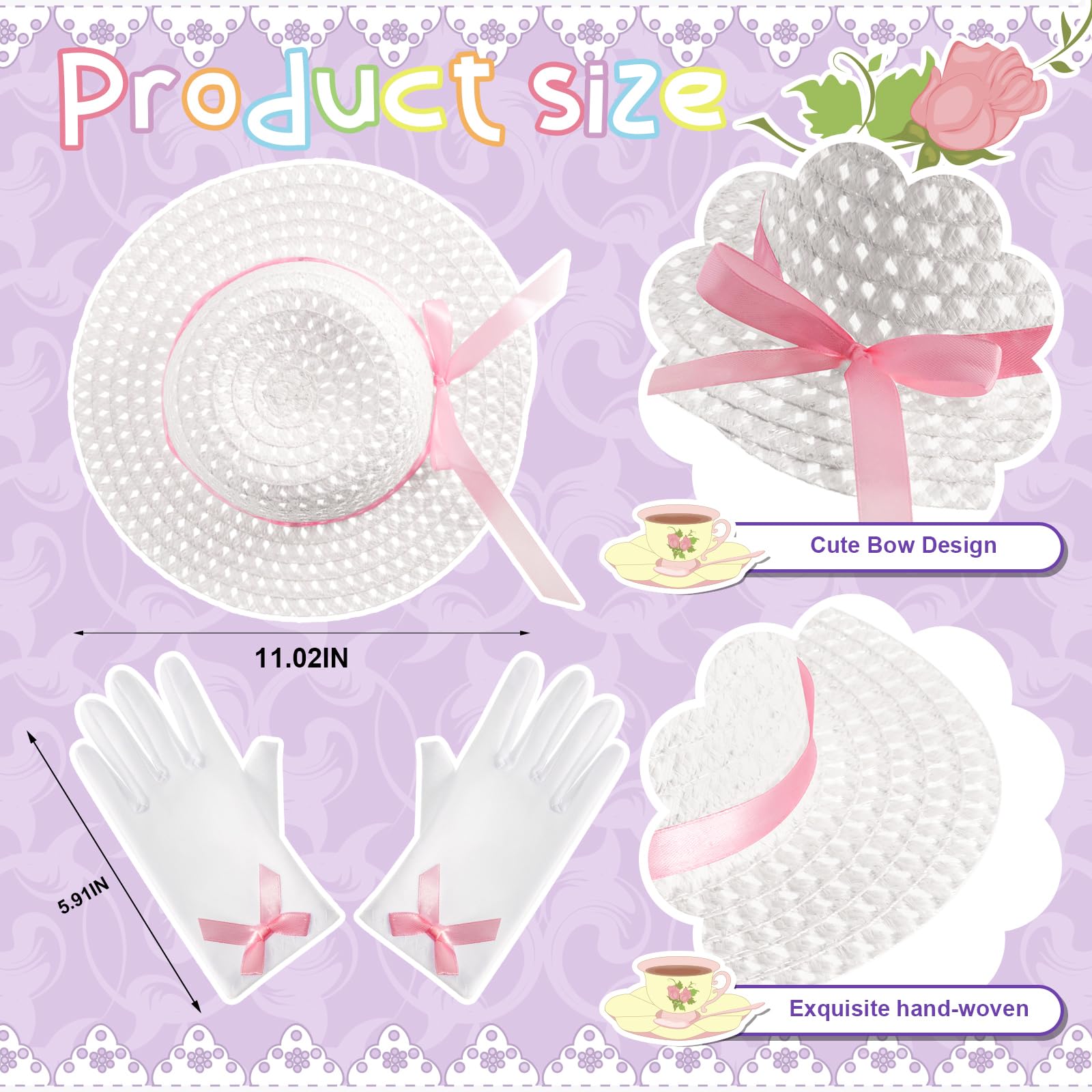 6-Piece Girls Easter Tea Party Hat Set with Bonnet, Gloves & Purse - Cute Dress-Up Accessories for Easter Celebrations, Tea Parties & Spring Events