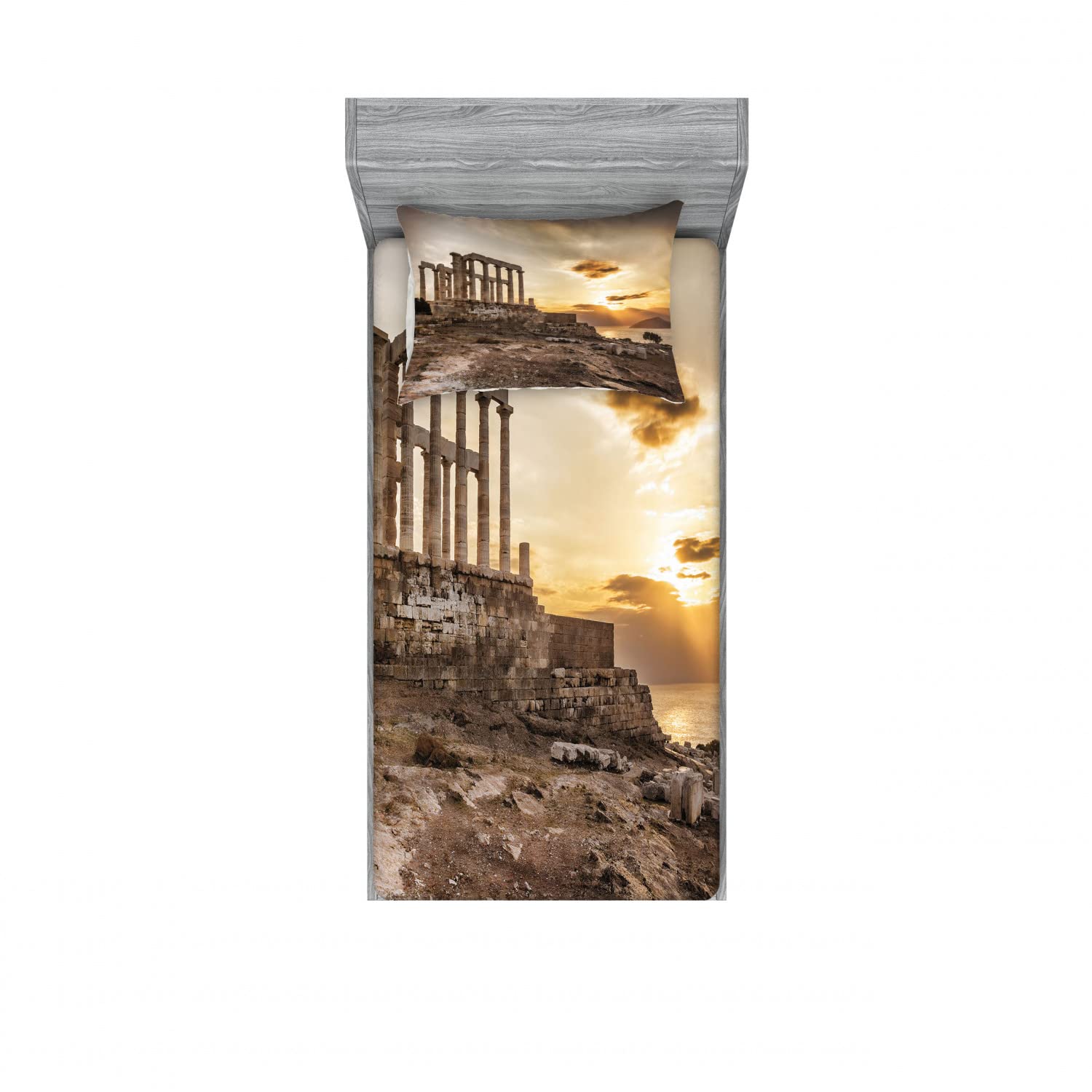 Ambesonne 2-Pack Twin Fitted Sheet & Pillow Sham Set - Greek Architecture Poseidon Design, 4-Piece Bedding Decor in Beige Taupe for Cozy Home & Guest Room Styling