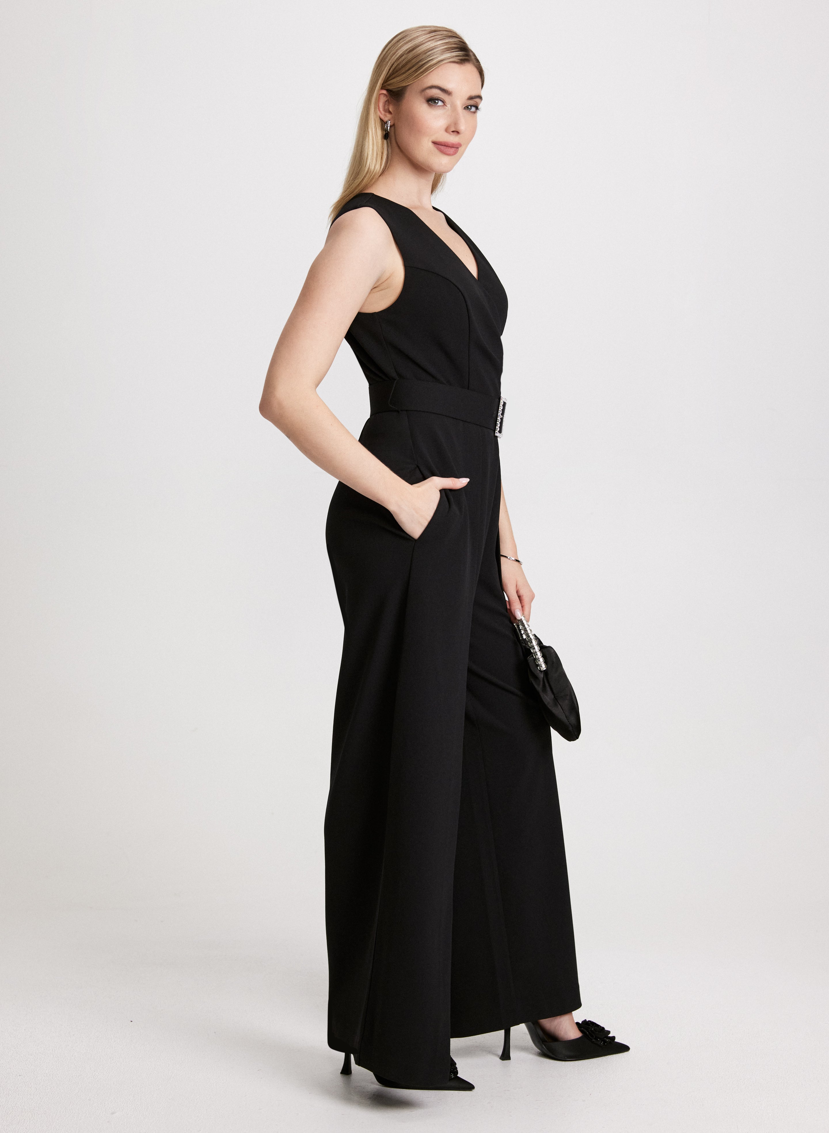 Women's Crepe Belted Sleeveless Jumpsuit - Elegant Wide Waistband Romper for Summer, Beach, and Casual Outings