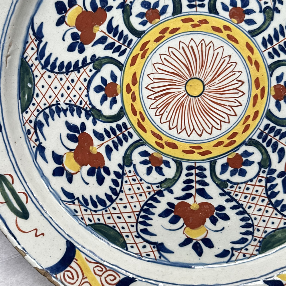 18th Century Antique Polychrome Delft Charger Plate - Dutch Ceramic Collectible for Wall Decor & Dining Table Display