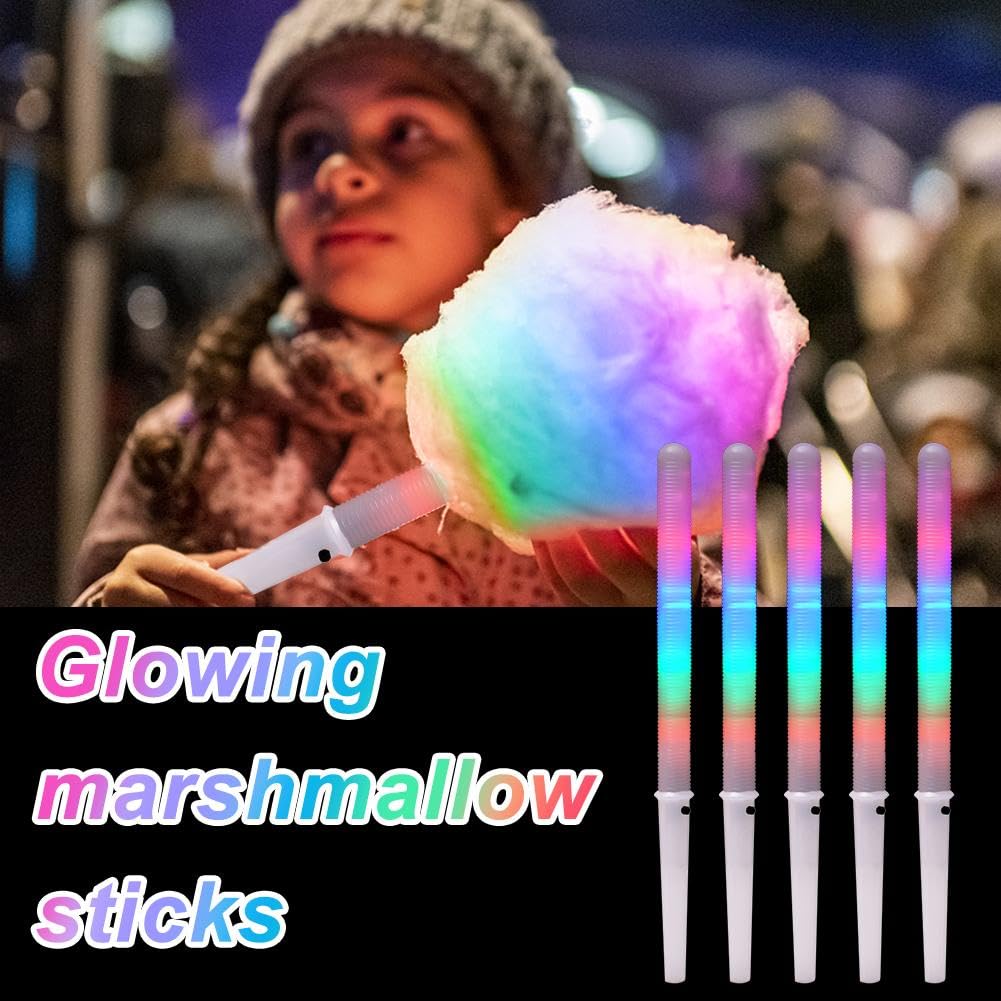 Glow in the Dark Cotton Candy Sticks - Reusable LED Glow Sticks for Cotton Candy Machines - Colorful Light Up Cones for Parties, Carnivals & Night Events