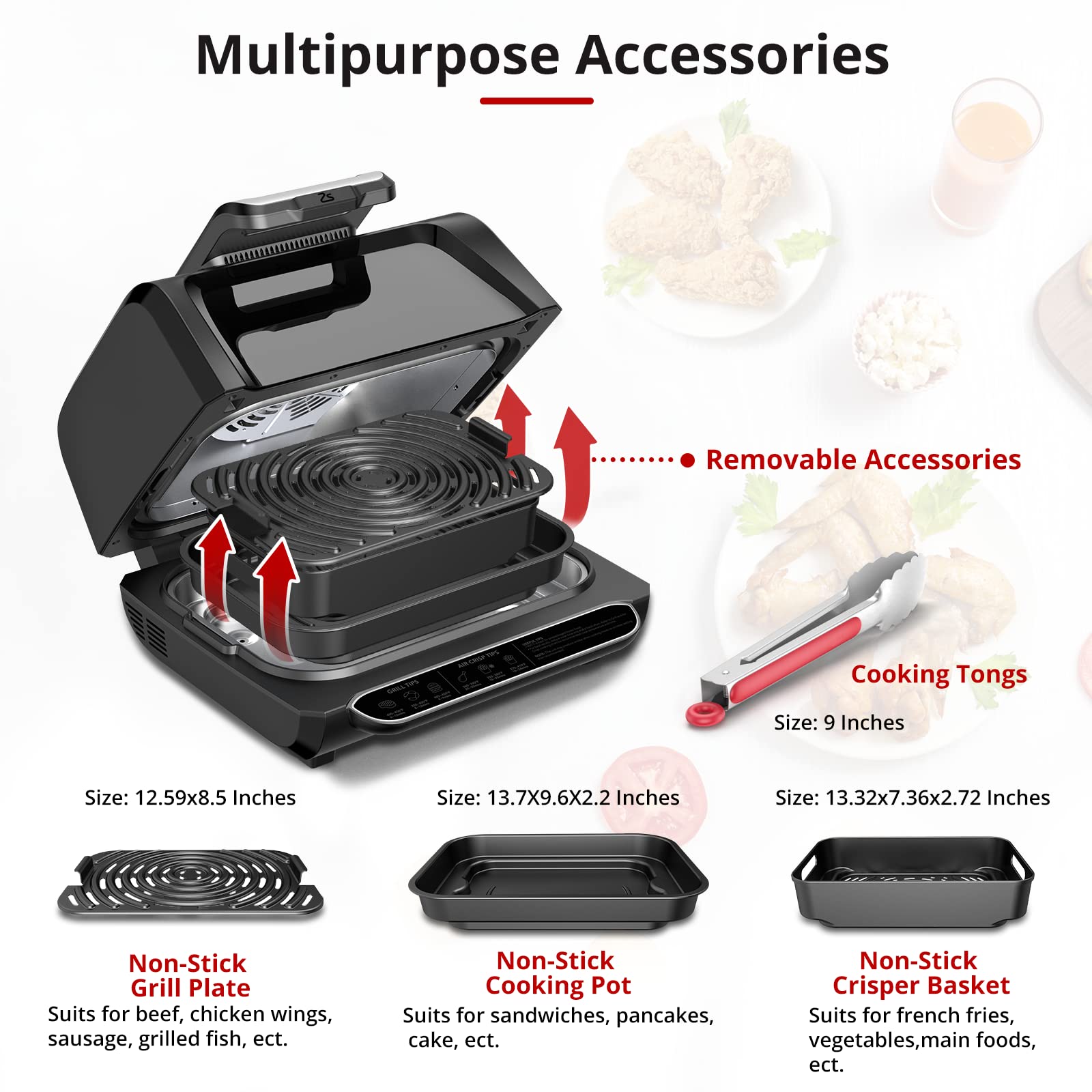 7-in-1 Indoor Grill & Air Fryer Combo - 1750W Smokeless Electric Grill with See-Through Window, Non-Stick Removable Plates & Silicone Tongs - Up to 450°F Even Heating - 4Qt Capacity - Perfect for Healthy Cooking, Family Meals & Small Kitchen Spaces (Black)